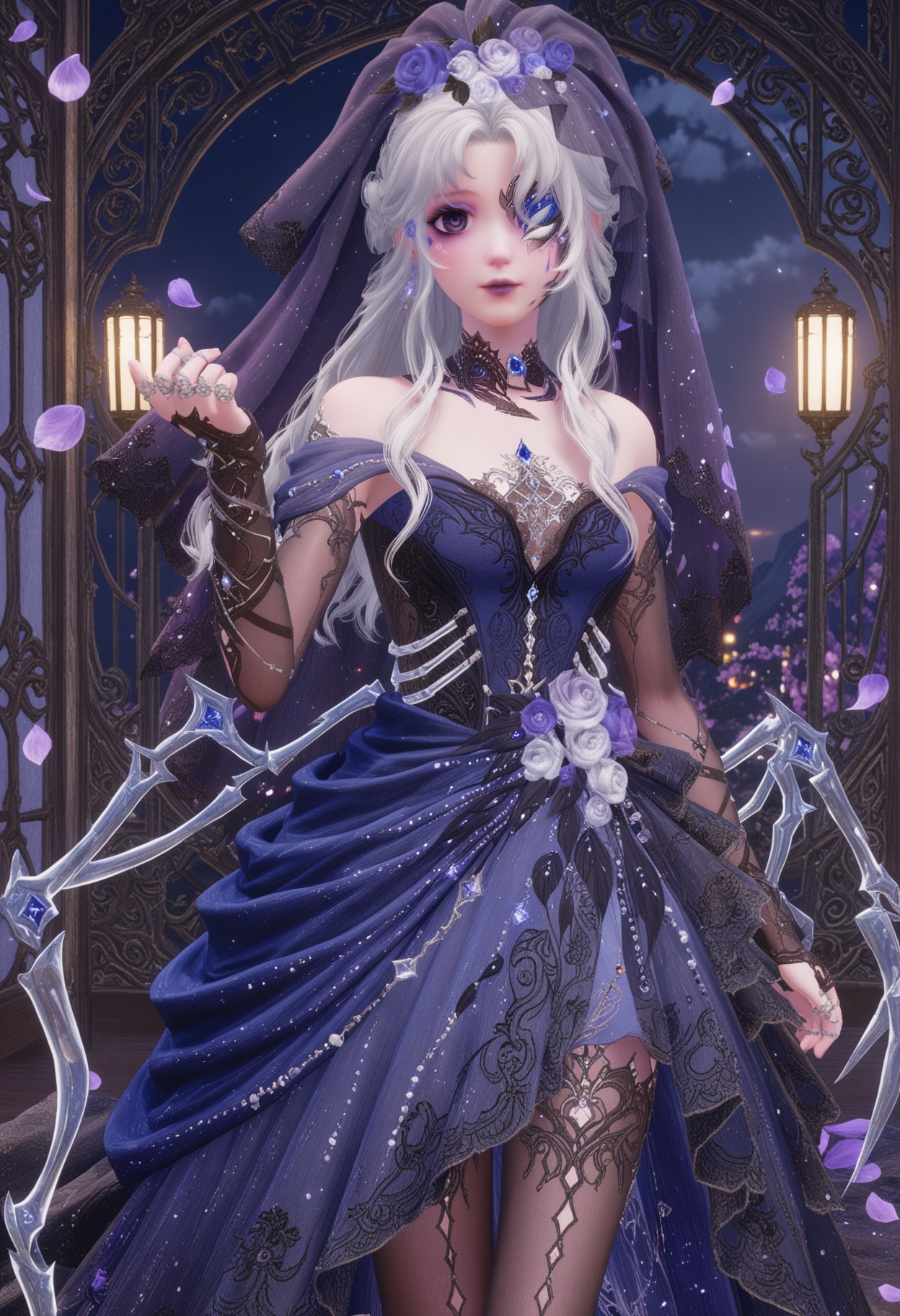 (cowboy shot:1.2),(looking at viewer:1.1),masterpiece,(best quality),smog,Dark room,dim lighting,peach blossom,falling petals,<lora:YQ_Illustrious光辉v5_暖暖36_V1:0.8>,q1528437228,1girl,solo,jewelry,long hair,white hair,purple eyes,dress,hair flower,hair ornament,makeup,earrings,gloves,ring,eyepatch,petals,purple lips,bridal gauntlets,pointy ears,blue eyes,grey hair,high heels,one eye covered,choker,pantyhose,long dress,bridal veil,fingerless gloves,necklace,fine fabric emphasis,bow,braid,eyeshadow,