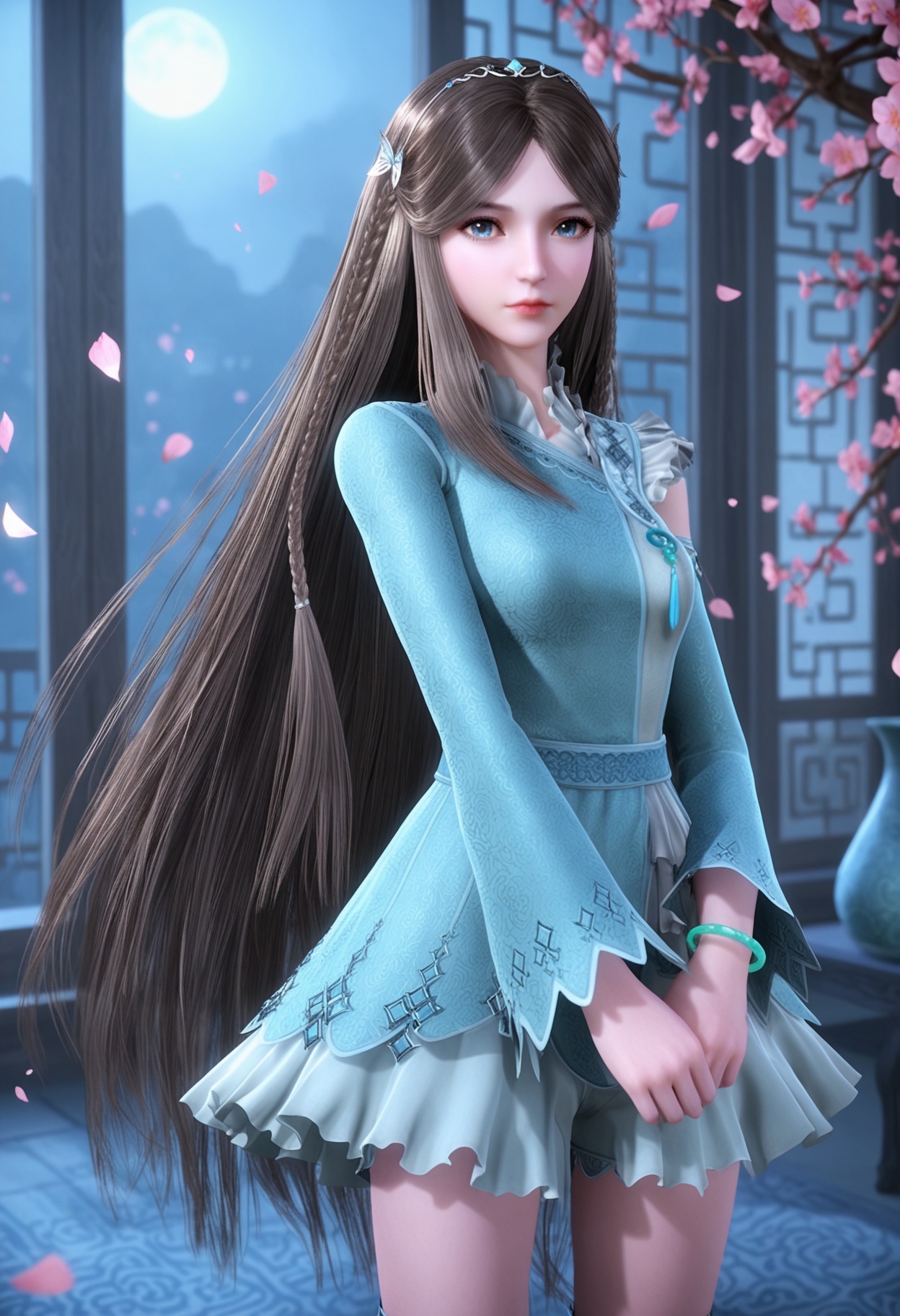 (cowboy shot:1.2),(looking at viewer:1.1),masterpiece,(best quality),smog,Dark room,dim lighting,peach blossom,falling petals,<lora:YQ_Illustrious光辉v5_宁荣荣_V1:0.8>,q1528437228,1girl,solo,long hair,brown hair,hair ornament,dress,blue eyes,blue dress,braid,tiara,detached sleeves,long sleeves,black hair,jewelry,bracelet,butterfly hair ornament,very long hair,green dress,skirt,brown eyes,shoes,necklace,blonde hair,hairband,asymmetrical sleeves,gem,chinese clothes,pantyhose,gloves,grey hair,thighhighs,shorts,sleeveless,socks,