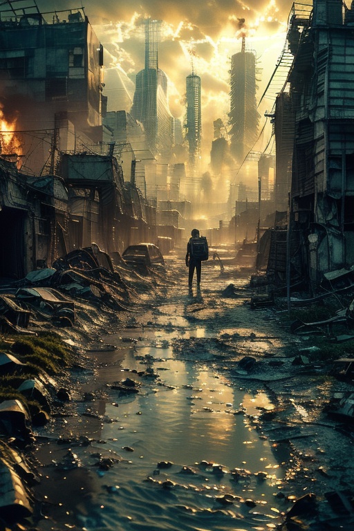 still life , High resolution movie lighting, surreal detail photography, Movie style, Doomsday, 1boy, outdoors, backpack