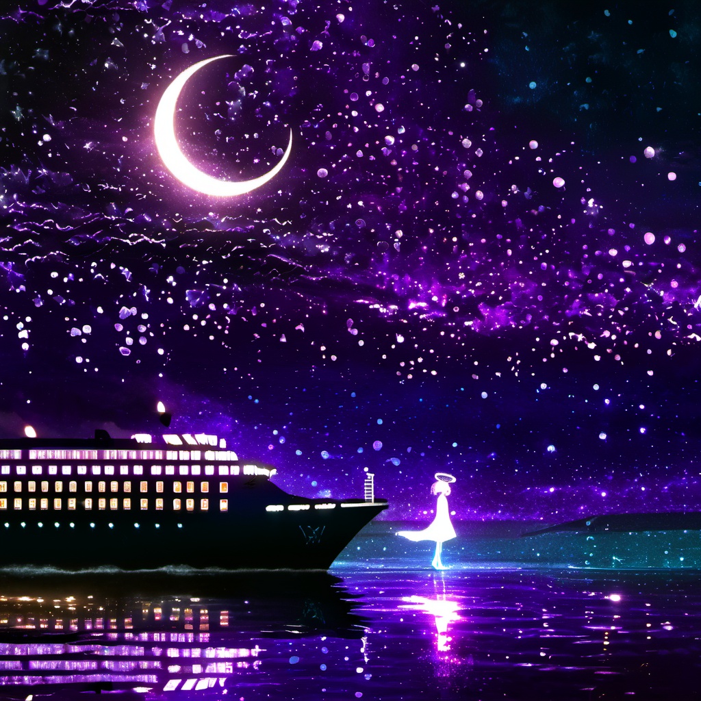 <lora:star_xl_v3:1>,a person standing on a beach next to a large ship at night with a full moon in the sky,1girl,solo,short hair,dress,standing,outdoors,sky,cloud,water,night,halo,moon,star \(sky\),night sky,scenery,starry sky,crescent moon,building,reflection,city,fantasy,city lights,The image portrays a serene nighttime scene by a body of water. The sky is painted with hues of purple,blue,and a crescent moon. The water reflects the colors of the sky and the lights from the ship. On the left,a silhouette of a girl stands by the water's edge,gazing at the ship. She wears a dress and has a glowing headpiece. The ship,illuminated with lights,appears to be a large vessel with multiple decks. The entire scene is bathed in a magical ambiance,with sparkles and particles floating in the air,adding to the dreamy atmosphere.,body of water,ship,girl,headpiece,decks,magical ambiance,sparkles,particles,