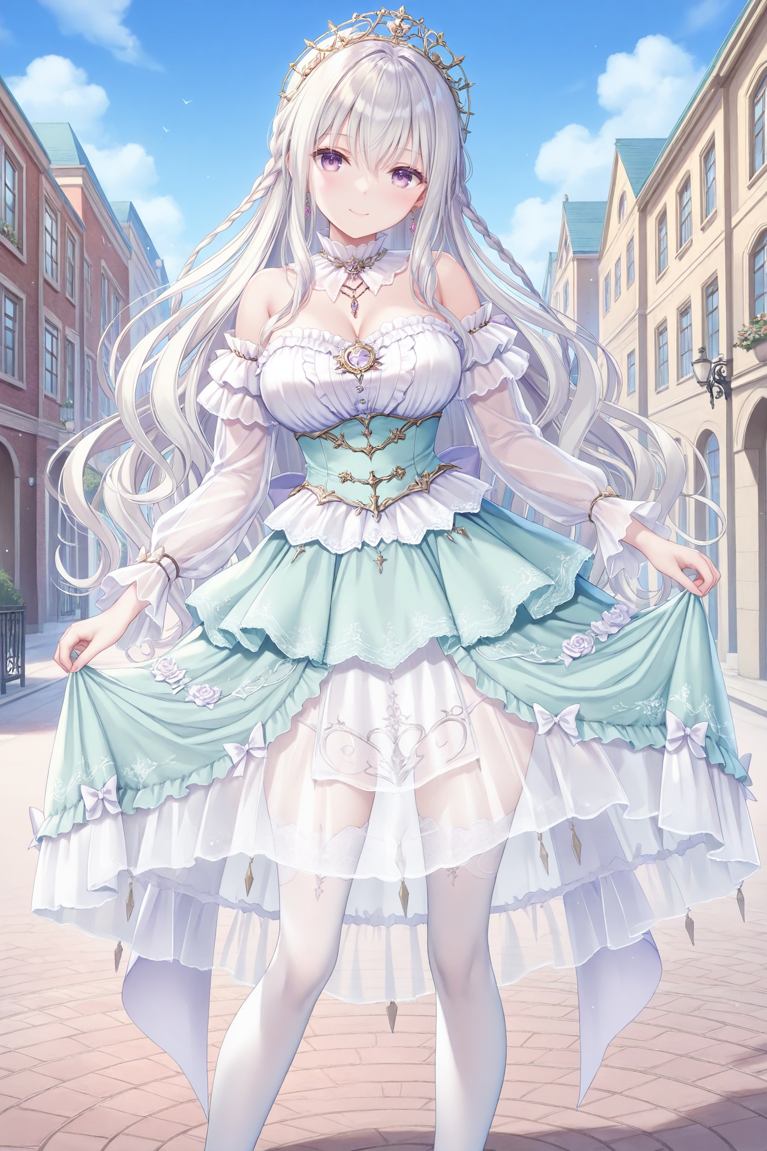 masterpiece,best quality,newest,absurdres,highres,soft shadows,year2024,mutou kurihito,(torino aqua: 0.5),(hiten \(hitenkei\):0.5),(rimuu:0.5),(mignon:0.5),(sheya:0.4) <lora:maiXLNAI:1> maiensemble, purple eyes, braid, long hair, white hair, hair between eyes,1girl,solo, smile,mature female, <lora:wishfulaurosa2XLNAI:1>wishful aurosa,dress,green dress,see-through sleeves, detached sleeves,strapless dress, dress flower, white thighhighs,print thighhighs, earrings, frilled dress,see-through dress,outdoors:1.4,street, cityscape,legs apart,large breasts,