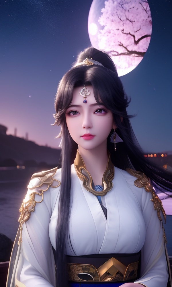 (,1girl, ,best quality, ),looking at viewer, <lora:373-DA-仙逆-周紫虹:0.8> ,, ,masterpiece,(( , )),, realistic,science fiction,mole,,ultra realistic 8k cg, flawless,tamari \(flawless\),  ,cherry blossoms,,night, night sky, crescent moon, moonlight,,(facing viewer, looking at viewer, , ),  (()), (),