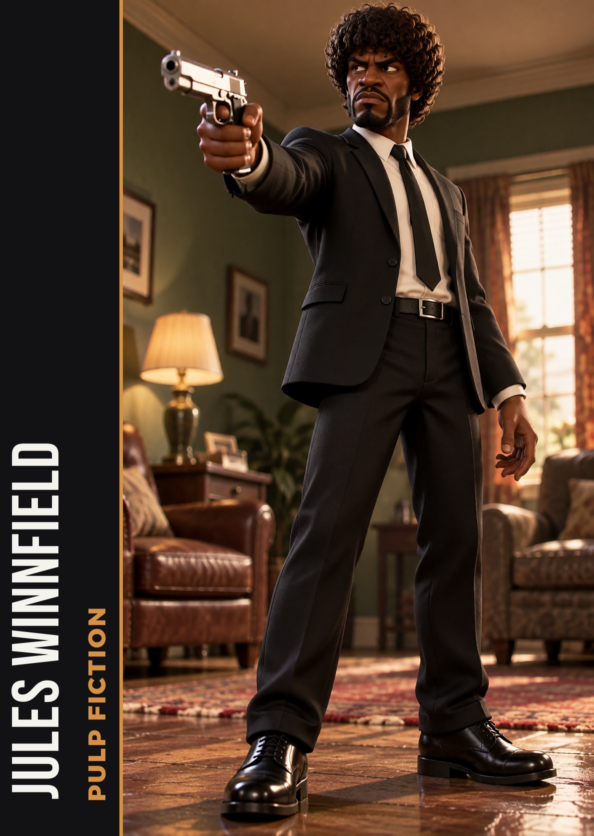 realfig,  Jules Winnfield from Pulp Fiction in a black suit with a jheri curl,  pointing a pistol on Tensor.Art