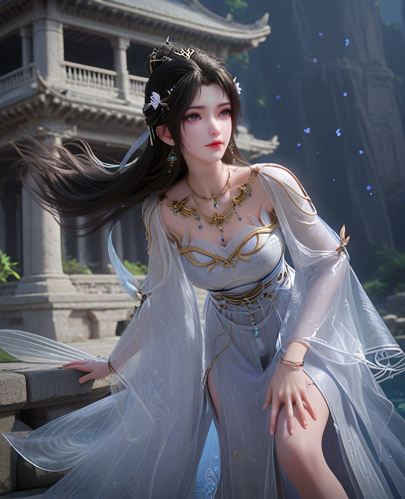 (oriental architecture, elegant decor, sophisticated style:1.1),Leaning forward with hands on the ground, legs extended,,(breasts:1.2),<lora:XL16完美世界清漪:0.95>,miss qingyi,white dress,forehead mark,black hair,hanging hair,long hair,hair ornaments,gem earrings,gold jewelry,necklace,see-through sleeves,sash,hair ribbon,bracelet,floral print,, zPDXL2, score_9, score_8_up, score_7_up BREAK realistic, masterpiece,best quality, highly detailed,, zPDXL3, zPDXL2,zPDXL, zPDXLxxx, zPDXLrl,