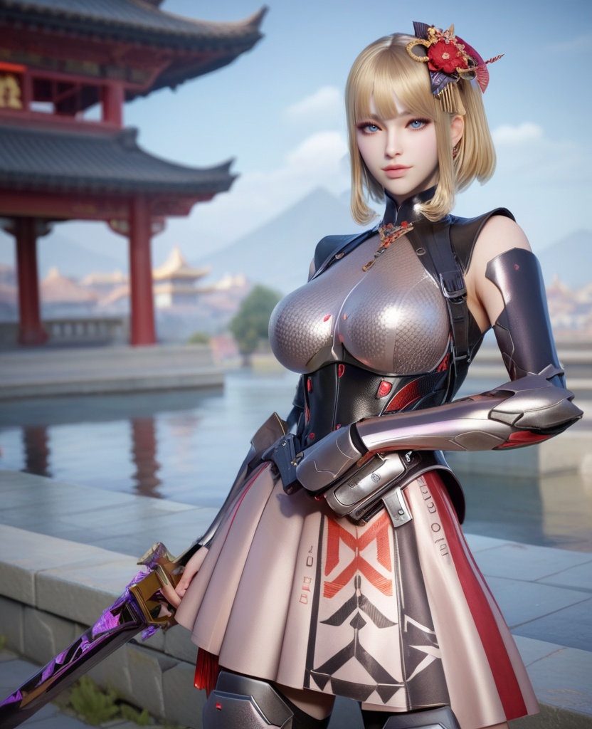 (oriental architecture, elegant decor, sophisticated style:1.1),(resting head on hands:1.1),(large breasts:1.2),<lora:XL穿越火线岚希儿灵魂舞者:0.95>,miss lanxier,chrome-fit battle top,neon pink skirt,blue eyes,blunt bangs,blonde hair,hair flower,black pauldrons,arm guards,armored high-heeled greaves,holstered,, score_9,score_8_up,score_7_up,score_6_up,score_5_up,score_4_up,3d rendering,tag1,tag2, Cinematic Lighting,backlighting,, zPDXL3, zPDXL2,zPDXL, zPDXLxxx, zPDXLrl,