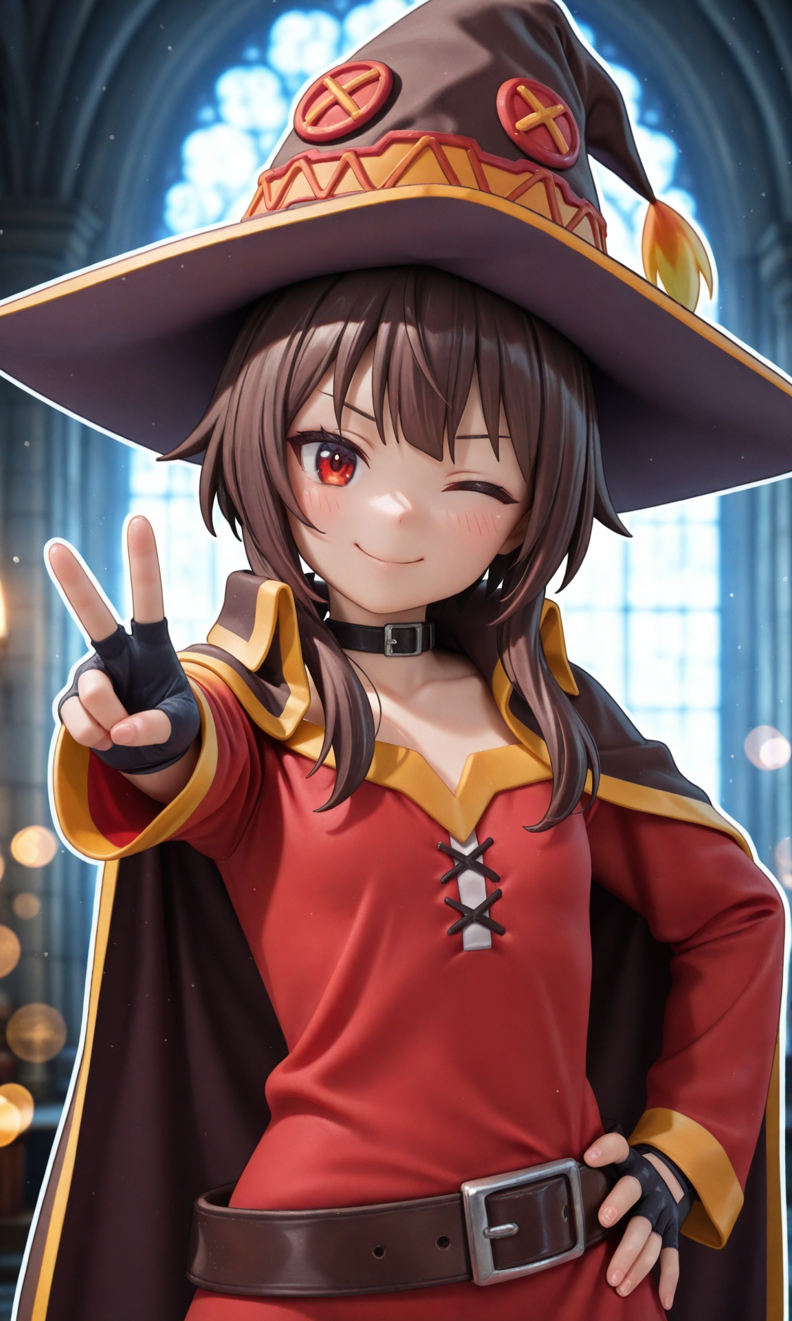wind,(cinematic lighting),(bokeh),(thick outline:1.1),1girl,megumin,red eyes,short hair with long locks,brown hair,red dress,black choker,fingerless gloves,belt,black gloves,collar,cape,witch hat,dynamic pose,shaka sign,hand on own hip,upper body,looking at viewer,smile,one eye closed,\> o,colorful,shiny skin,shaft look,head tilt,dynamic pose,photo background,,, ,masterpiece, best quality,  absurdres, newest,  very aesthetic, amazing quality,highres,sensitive,  highres, ultra detailed, best anatomy, HDR, 8K, high detail RAW color art, high contrast, large pupil,
