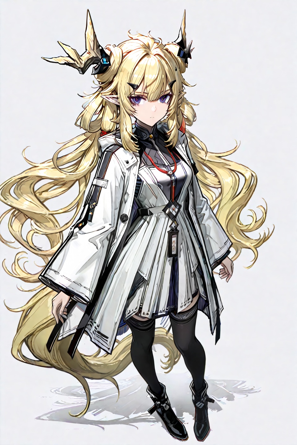 masterpiece, best quality,grey background,looking at viewer,SOLO,simple background,,  leizi\(arknights\),pointy_ears,hair_between_eyes,blonde_hair,messy_hair,breasts,bangs,purple eyes,very long hair,dragon horns,antlers,dragon tailclo_4,Long robe,black thighhighs, wide sleeves, black footwear, white dress,<lora:leizi-惊蛰-ill:0.8>