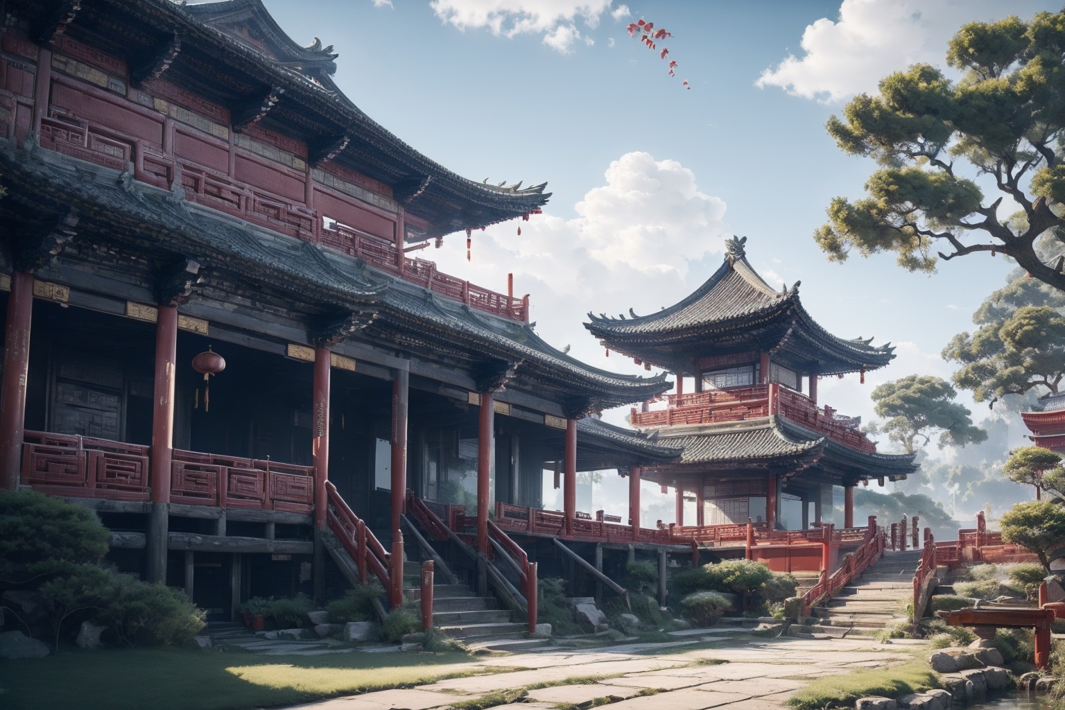 <lora:AgainGuofengStyle:1>,AgainGuofengStyle, scenery, no humans, east asian architecture, outdoors, architecture, grass, sky, cloud, tree, day, bird, blue sky, building, path, stairs, bridge, plant, fence, water, railing, road, lantern, cloudy sky, sunlight, landscape, bush