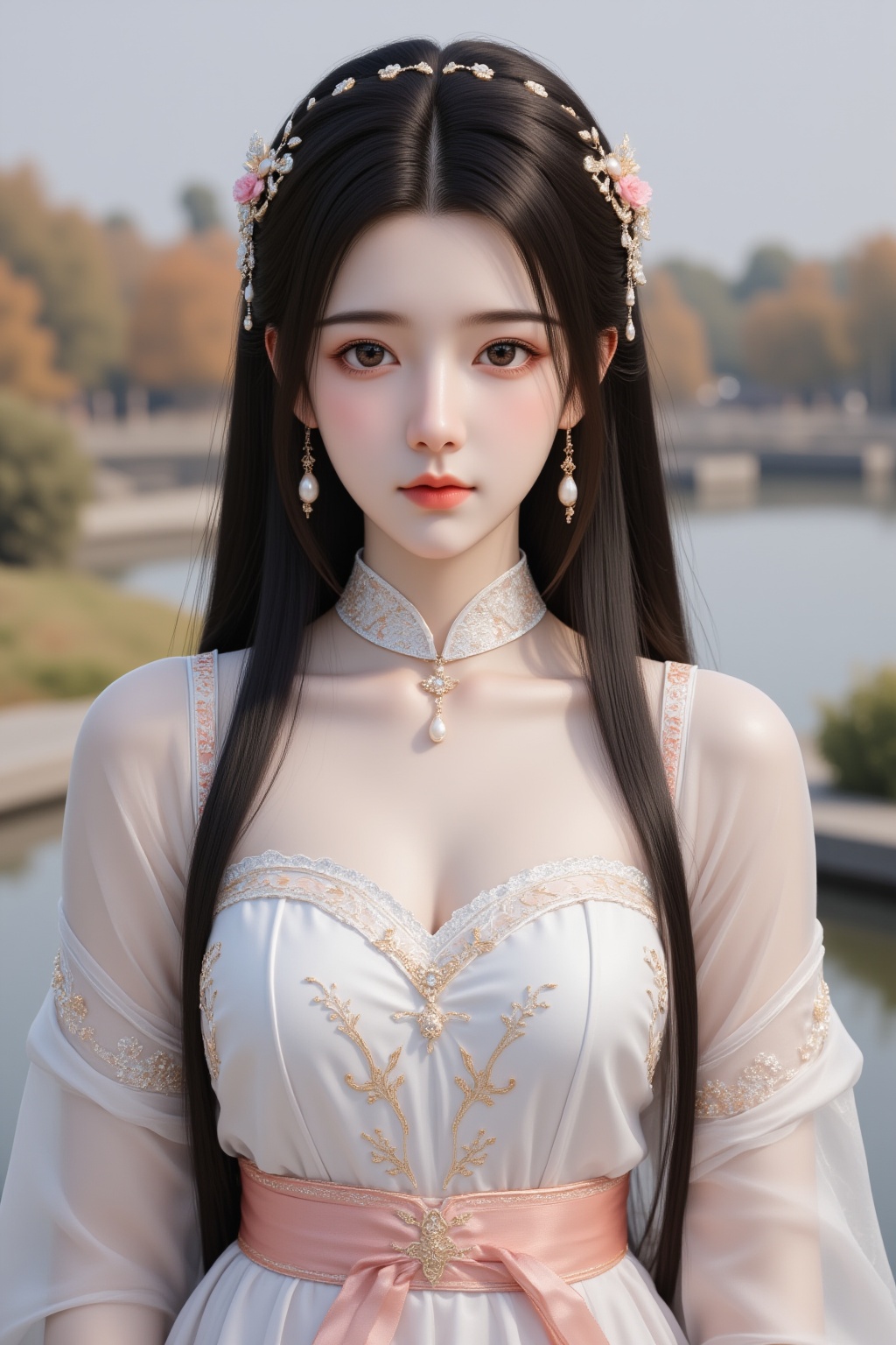 1girl,teenage,jewelry,dress,long hair,hair ornament,earrings,solo,closed mouth,black hair,brown eyes,collar,looking at viewer,upper body,chinese clothes,outdoors,river,