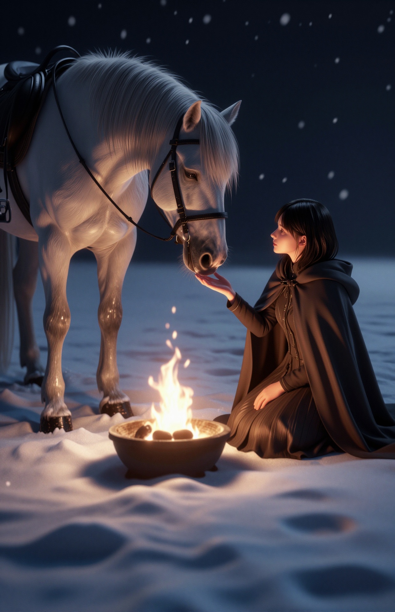 YY Anime style,这幅数字绘画描绘了一个宁静的冬夜场景，描绘了一位年轻女子和一匹白马。这名女子皮肤白皙，头发齐肩，身穿深棕色长袖高领斗篷和棕色连衣裙，跪在雪地上。她坐在图像的右侧，专注地盯着马。站在左边的马，有一件浅灰色的皮毛，白色的鬃毛和尾巴，装饰着黑色的皮革马具。它的头低了下来，几乎碰到了女人的手，她的手伸向雪地中央一个发光的小火坑。背景是黑暗的，火坑里散发出柔和温暖的光线，投下柔和的阴影，照亮了周围轻轻飘落的雪花。地面上的雪有轻微的扰动，表明最近有移动。马毛的质地细腻逼真，与女士服装的光滑面料形成鲜明对比。整体构图传达了人与动物之间的平静和联系，温暖的光线和安静的雪地环境增强了这种感觉。艺术家采用写实风格，注重光线和纹理，创造出一个宁静、亲密的时刻。