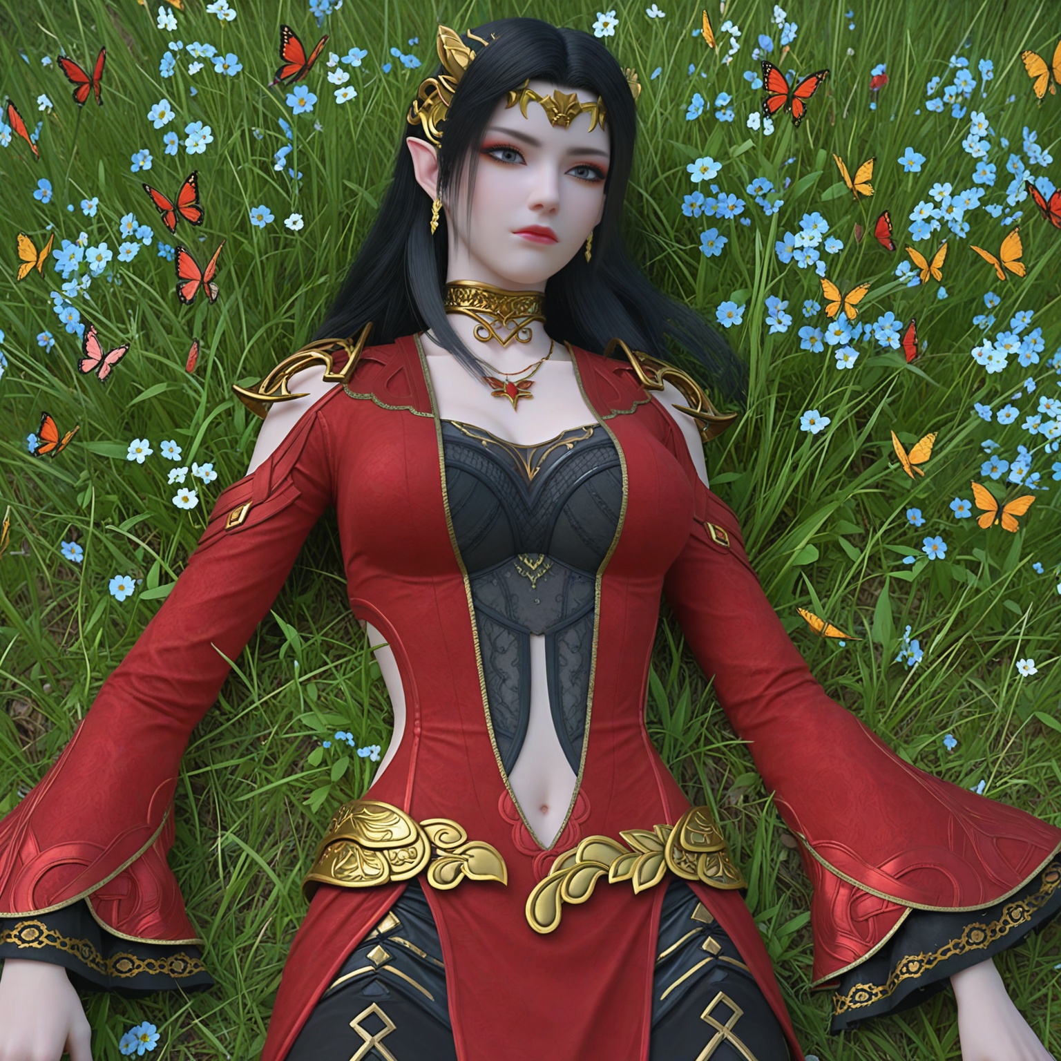 masterpiece,best quality,perfect anatomy,very aesthetic,8k,(night:1.1),(lying down in the grass:1.1),shot from a bird's eye view,surrounded by wildflowers and butterflies,<lora:YQ_li光辉v5_meidusha_V6:0.8>,q1528437228,solo,1girl,long_hair,black_hair,jewelry,pointy_ears,earrings,necklace,hair_ornament,navel,brown_hair,choker,realistic,cleavage,tiara,grey_eyes,black_eyes,eyeshadow,(armor,skirt,clothing_cutout,long_sleeves,shoulder_armor,dress,belt,red_dress,),