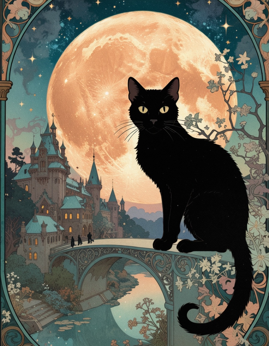 one black cat,  in Alphonse Mucha poster style|masterpiece|Black American domestic cat|against a composition |art nouveau,...