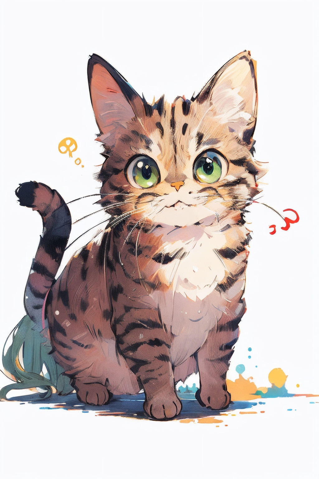 ,(Masterpiece:1.2, high quality,ultra-fine painting,Vivid Colors),(white background:1.2),TshirtDesignAF, T shirt design,cat, solo,green eyes,yellow animal hair(Brown stripes),vibrant,cure lovely,<lora:Chinese Li Hua:0.8> ,  <lora:cat_20230627113759:0.7>,  <lora:minima2023:1>