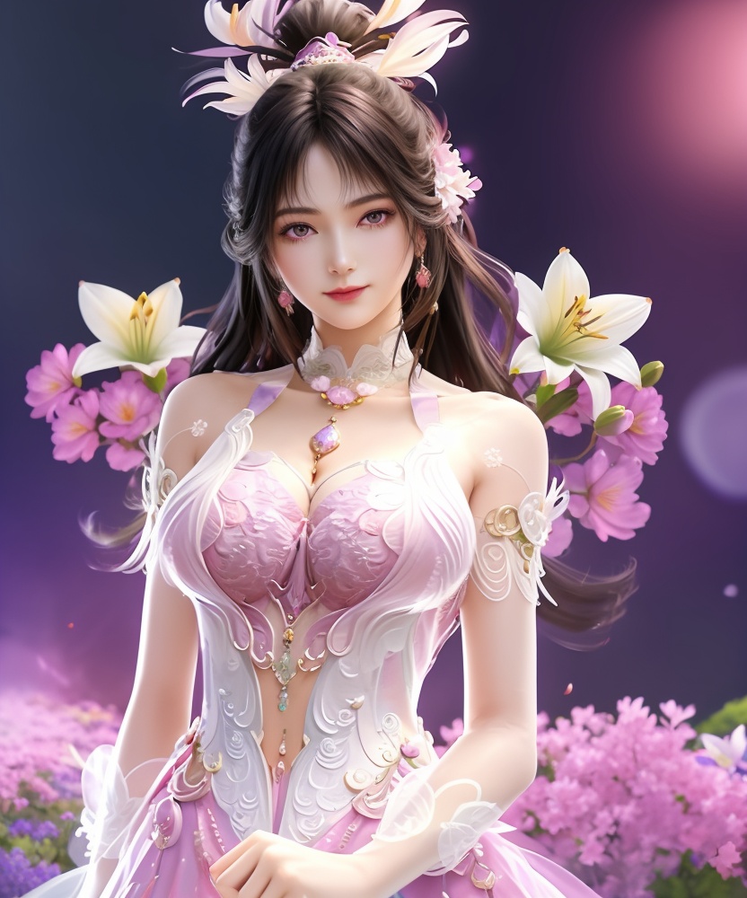 (,1girl, ,best quality, ),looking at viewer, <lora:454-DA-永劫无间-斗罗大陆-小舞:0.8> ,ultra detailed 8k cg,ultra detailed background,ultra realistic 8k cg,1girl, solo,(bare shoulders:0.85),(masterpiece, best quality),((oil painting style)),sexy young lady,(beautiful face and eyes),(upper body:1.5),(whole body:1.05),(single person:1.2),surrounded by flowers, (lily), roses, floret, vegetation, white, purple, purplish pink,Impressionism,colorful,(Breast size:1.3),(cleavage),