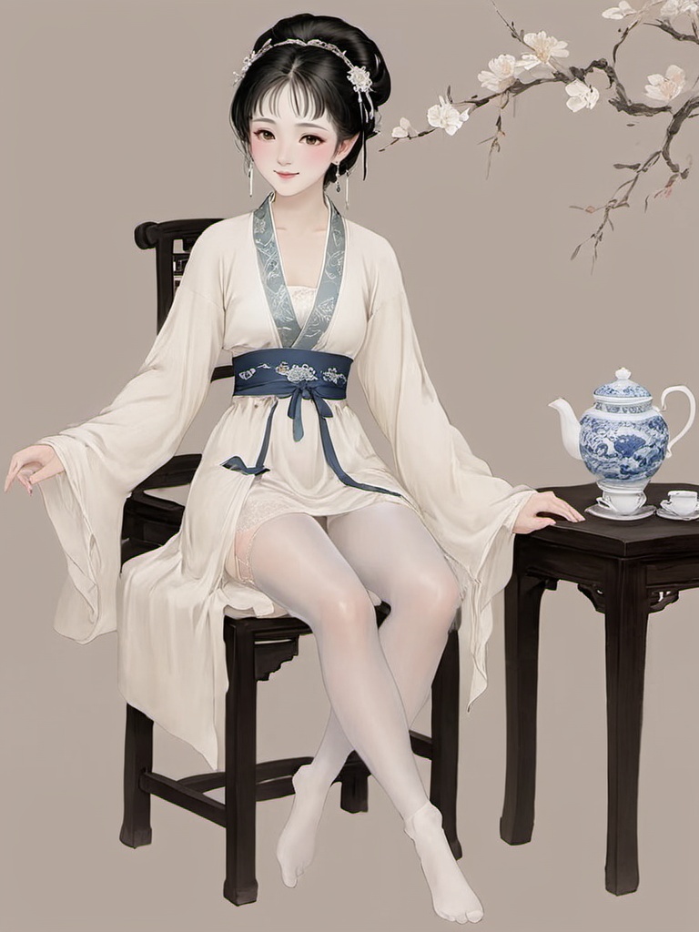gufengsw001,1girl,solo,looking at viewer,smile,black hair,hair ornament,long sleeves,jewelry,sitting,closed mouth,full body,braid,earrings,hair flower,white dress,black eyes,cup,chair,no shoes,chinese clothes,table,white pantyhose,teacup,hanfuteacup,hanfu,<lora:gufengsw001-000008:0.8>,