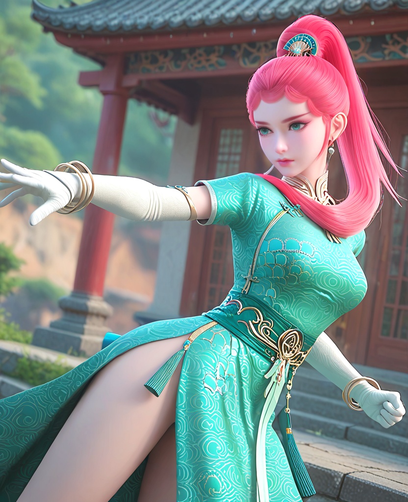 (oriental architecture, elegant decor, sophisticated style:1.1),(fighting stance:1.1),(breasts:1.2),<lora:XL妖神记龙羽音:0.95>,miss longyuyin,green chinese clothes,jewelry,pink hair,ponytail,white gloves,elbow gloves,sash,makeup,green eyes,tassel,bracelet,right side slit,eyelashes,, score_9,score_8_up,score_7_up,score_6_up,score_5_up,score_4_up,3d rendering,tag1,tag2, Cinematic Lighting,backlighting,