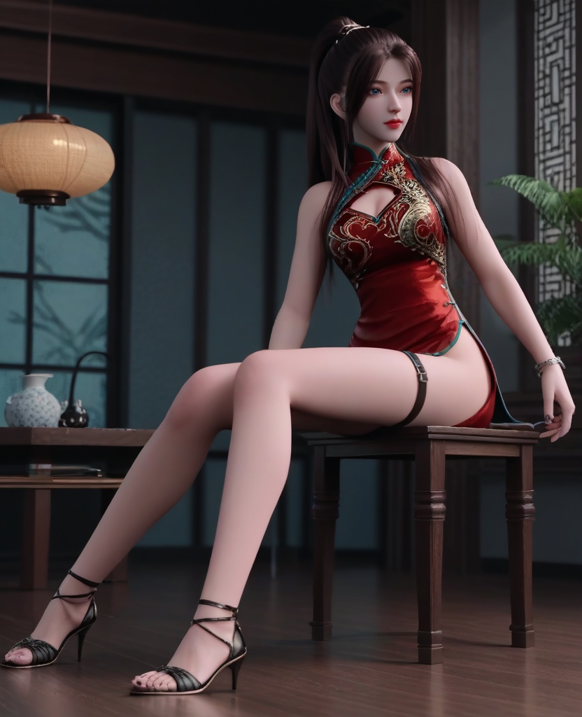 (oriental architecture, elegant decor, sophisticated style:1.1),(golfing:1.1),(breasts:1.2),<lora:XL16龙蛇演艺唐紫尘:0.95>,miss tangzichen,red short qipao with embroidery,blue eyes,black hair,ponytail with hair over shoulder,cleavage cutout,red lips,bracelet,jewelry,thigh loops,black high-heeled sandals,, score_9,score_8_up,score_7_up,score_6_up,score_5_up,score_4_up,3d rendering,tag1,tag2, Cinematic Lighting,backlighting,