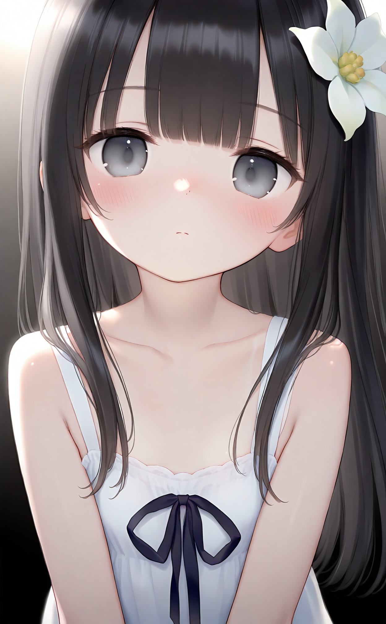 masterpiece,very aware,highres,absurdres,newest,best quality,high quality,loli,petite,chromatic_aberration,//,(loli),1girl,flower,hair ornament,long hair,hair flower,solo,black hair,black background,looking at viewer,simple background,upper body,white dress,dress,blunt bangs,blush,closed mouth,white flower,expressionless,collarbone,black eyes,grey eyes,//,year_2023,year_2024,<lora:loli Style——【noob】hans:1>,