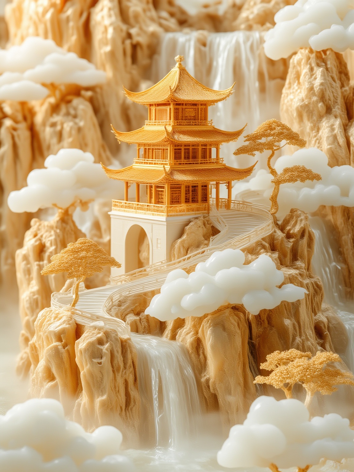 Gold and Jade style,a fantastical,ornate Chinese temple set amidst a surreal,ethereal landscape. The temple,a multi-tiered pagoda with intricate,golden details,is the focal point of the image. Its structure is adorned with delicate,curved roofs and ornate railings,showcasing traditional Chinese architectural elements. The temple is positioned on a rocky outcrop,with a winding staircase leading up to its entrance. Surrounding the temple are fantastical,cloud-like formations,resembling mythical creatures or spirits,adding a mystical,otherworldly quality to the scene. The clouds are rendered in soft,wispy textures,blending seamlessly with the golden tones of the temple. The background features a cascading waterfall,with water flowing from the top of the image,creating a serene,tranquil effect. The water is depicted in a soft,misty manner,reflecting the golden hues of the temple and clouds. The entire scene is bathed in a warm,golden light,enhancing the ethereal,dreamlike atmosphere,<lora:396d03:1>,