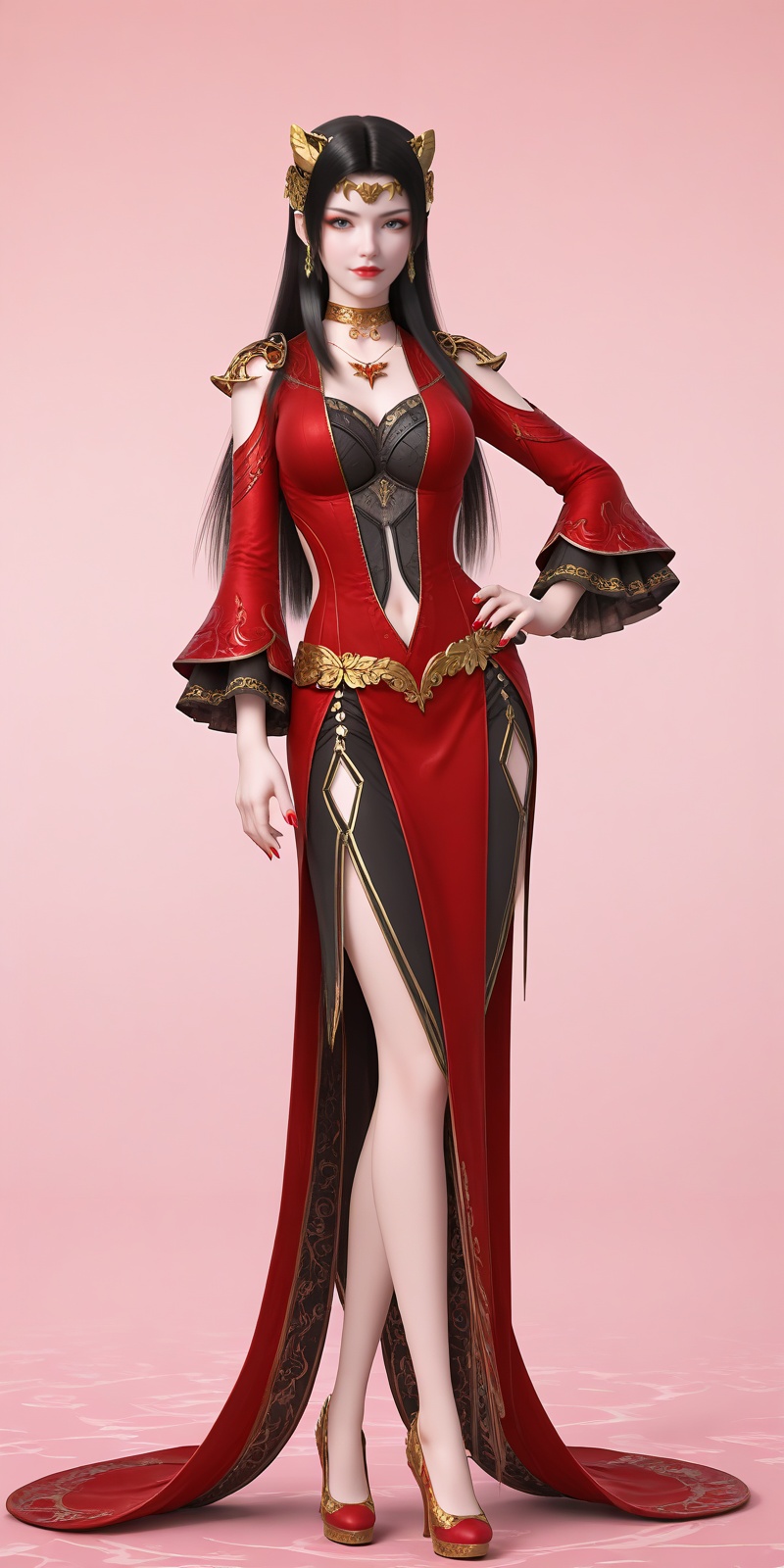 <lora:美杜莎pony-000013:0.6>,meidusha,1girl,solo,jewelry,dress,black hair,red dress,full body,clothing cutout,long hair,earrings,hand on own hip,red footwear,breasts,high heels,red nails,necklace,navel cutout,hair ornament,standing,looking at viewer,navel,depth of field,masterpiece,best quality,very aesthetic,2024,2023,perfect composition,ultra-detailed,extreme aesthetic,(quasarcake:0.7),masterpiece,best quality,good quality,newest,year 2024,year 2023,very aesthetic,absurdres,looking_at_viewer,colorful,