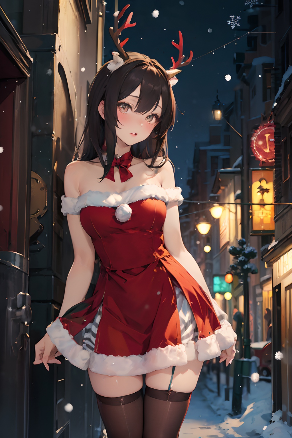 christmas dres,s1girl,christmas,bare shoulders,antlers,(cowboy shot close-up),standing,exquisite eyes,night,cityscape,snowing,striped stockings,elegant posture,(an extremely delicate and beautiful),(best quality),((masterpiece)),intricate detail,(masterpiece, high quality, best quality),<lora:christmas dress-000006:0.8>,