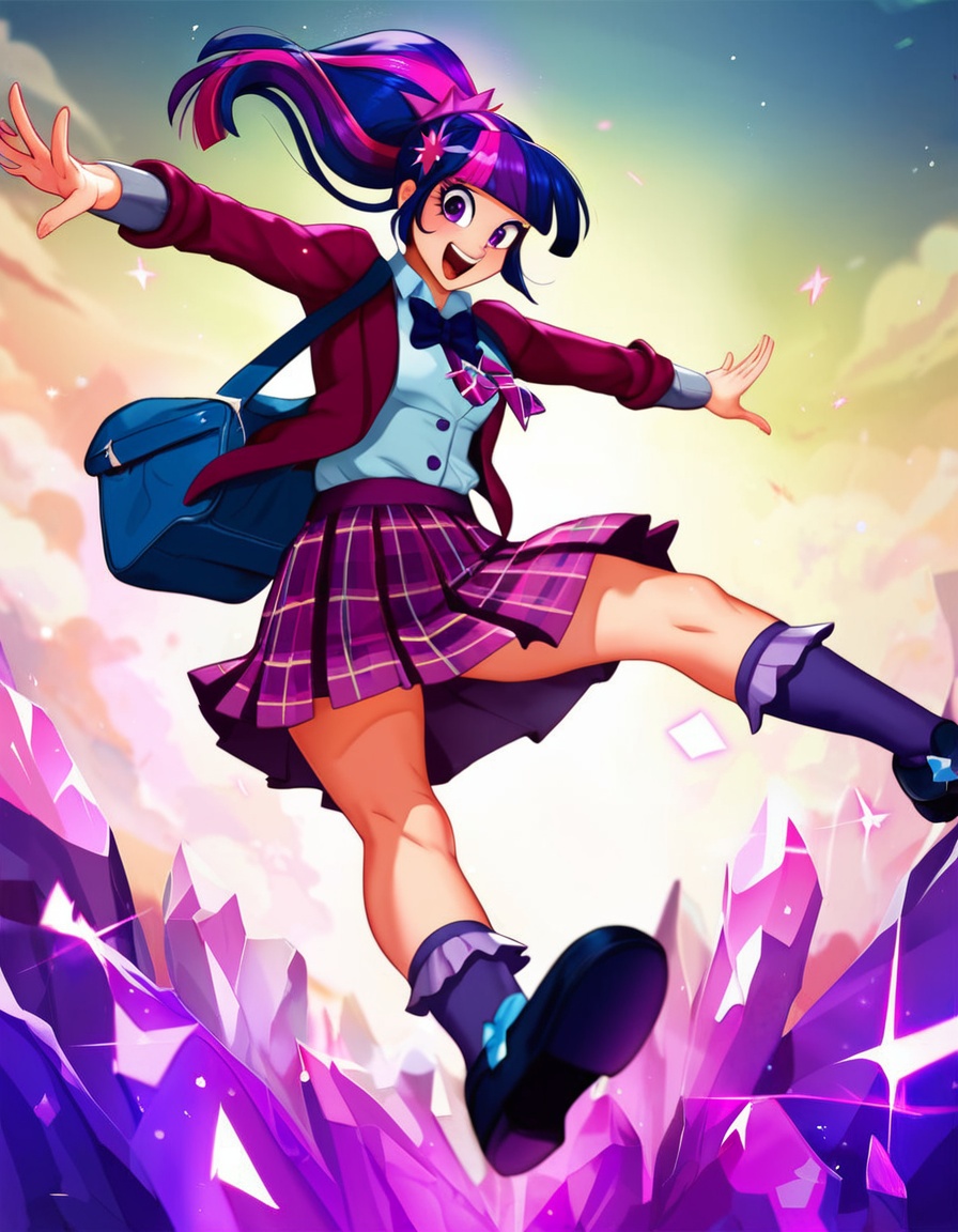 score_9,score_8_up,score_7_up,(masterpiece, best quality, official art),1girl,humanized twilight sparkle (equestria girls),(full body),purple and pink gradient hair with light pink streak,white and purple crystal prep academy uniform:1.2,pleated skirt,knee-high socks,smiling confidently,bright eyes,detailed shading,dynamic pose,soft lighting,vibrant colors,cartoon movie style,mlp style,sharp lines,8k resolution,