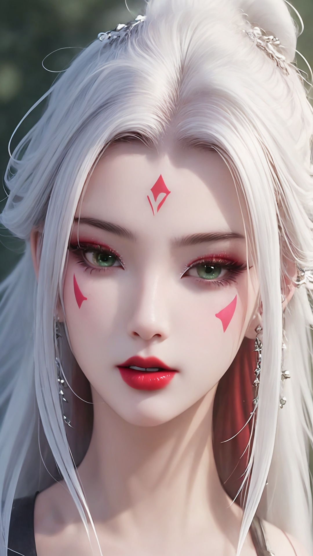 1girl,solo,green eyes,long hair,white hair,looking at viewer,facial mark,lips,blurry,portrait,forehead mark,red lips,bare shoulders,closed mouth,makeup,<lora:girl miaojiangxiaobai_20240912173536:0.7>,