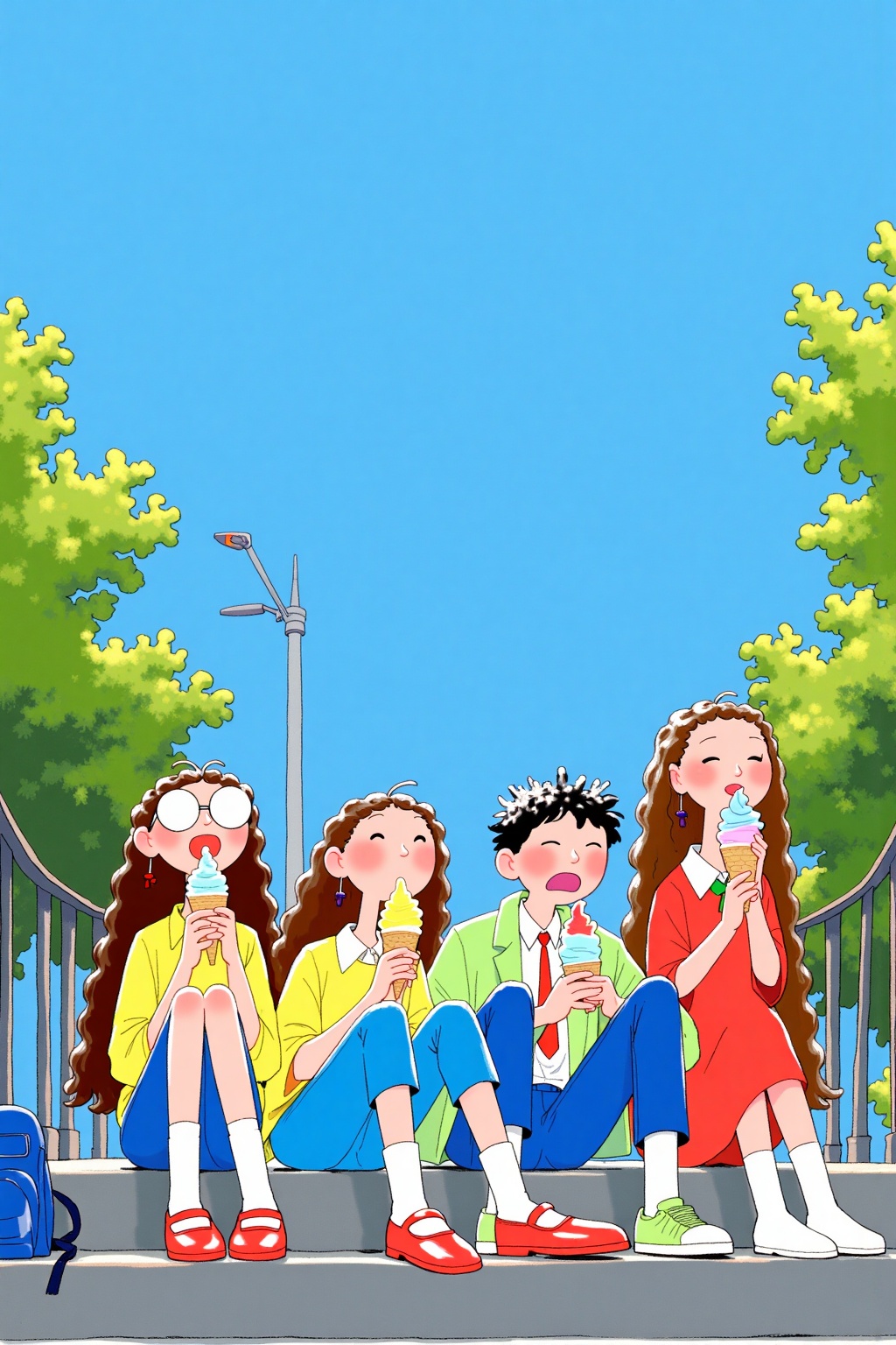 beijihui,Captured at eye-level, a cartoon drawing of three girls sitting on a set of gray stairs, each holding an ice cream cone in their hands. The girl on the left is wearing a yellow shirt, blue skirt, and red shoes. She has long brown hair, and glasses. She is also wearing a pair of red shoes, and white socks. Her hair is long and wavy, and she is smiling. Her eyes are closed, and her mouth is slightly open, as if she is about to eat the ice cream. To the right of her, another girl is sitting, wearing a blue jacket, blue pants, and a red tie. Her legs are crossed, while her feet are crossed. To her left, there is a blue backpack, and to her right, a girl in a red dress, is holding a bottle of ice cream in her hands. Her hands are wrapped around her waist, and both of her arms are wrapped in ice cream cones. The background, a tree, and the sky, is a vibrant shade of blue.