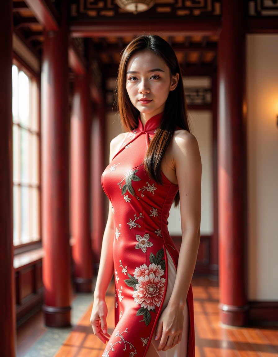 1girl,waist up,realistic,cheongsam,indoors,chinese style architecture
