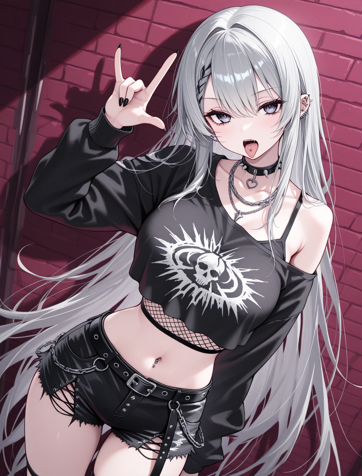 <lora:duguay-trouin_IL_v1.0:1>,duguay-trouin,punk,crop top,shorts,tongue out,open mouth,tongue piercing,\m/,, masterpiece,best quality,