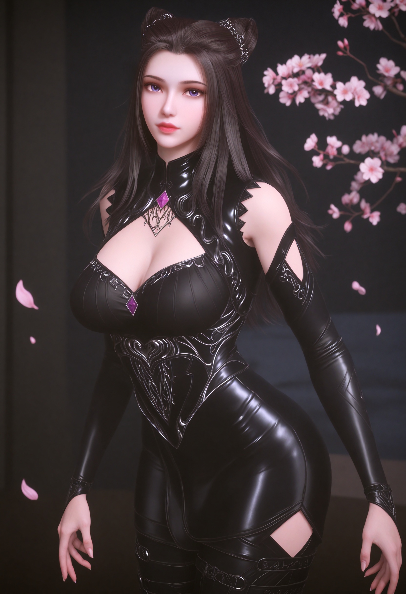 (cowboy shot:1.2),(gigantic breasts:0.6),(slender:1.3),(looking_at_viewer:1.1),(masterpiece:1.1),(best quality:1.2),(intricate details),dim lighting,(smog:1.3),(Dark room:1.3),(dim lighting:1.3),peach blossom,falling petals,<lora:YQ_li光辉v5_朱竹清_V1:0.8>,solo,1girl,q1528437228,long_hair,hair_bun,black_hair,detached_sleeves,clothing_cutout,cleavage_cutout,purple_eyes,brown_hair,elbow_gloves,jewelry,bodysuit,(black leather pants:1.1),hair_ornament,high_heels,black_footwear,black_dress,masterpiece,(best quality),(intricate details:0.9) BREAK masterpiece,(best quality),(intricate details:0.9),(realistic skin:1.2),
