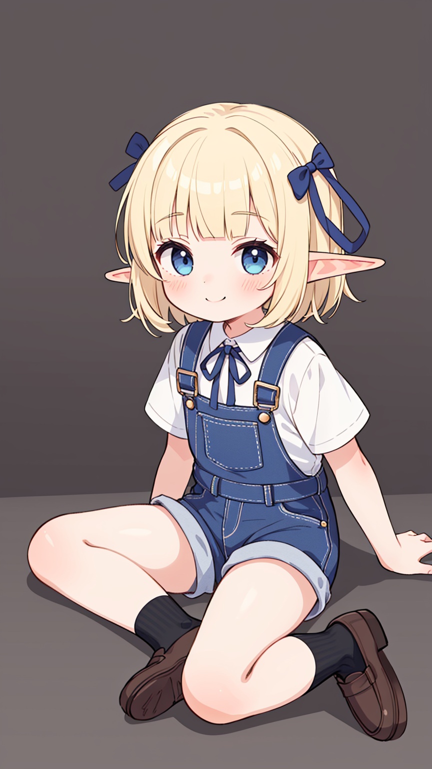 (masterpiece),(best quality),illustration,1girl,loli,(child),kawaii,solo,elf,blonde hair,short hair,blunt bangs,elf ears,blue eyes,ribbon,neck ribbon,black ribbon,bangs,smile,shirt,blue ribbon,overalls,shorts,bobby_socks,loafers,