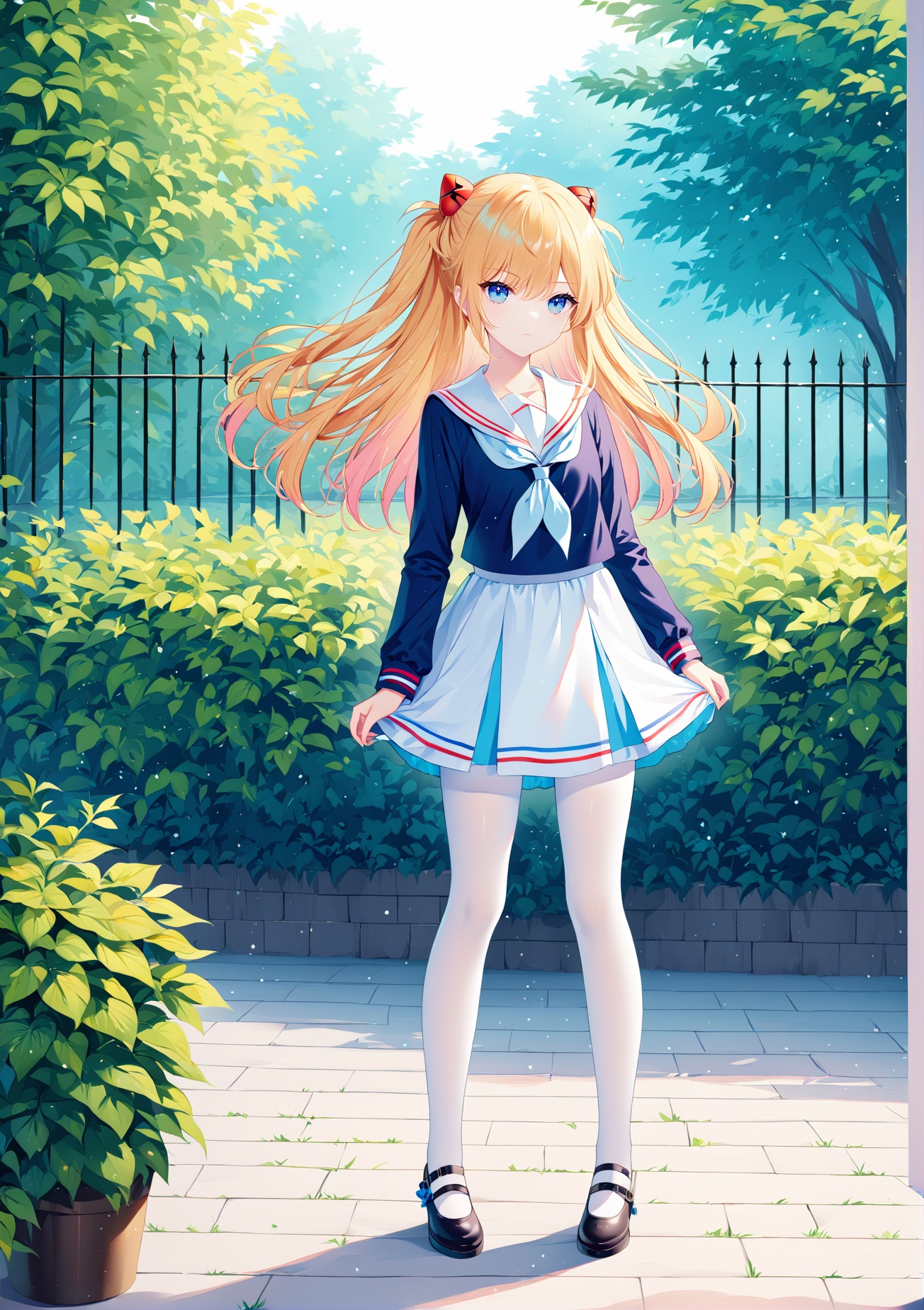 (masterpiece), (best quality), illustration, ultra detailed, hdr, Depth of field, (colorful),[rimuu:0.6, sheya:0.5,haneru,],full body, serafuku, white pantyhose,bowtie,1girl, souryuu asuka langley, blonde hair, blue eyes,seriousstanding,garden,looking at viewer, <lora:Eva08XLAni3:1>