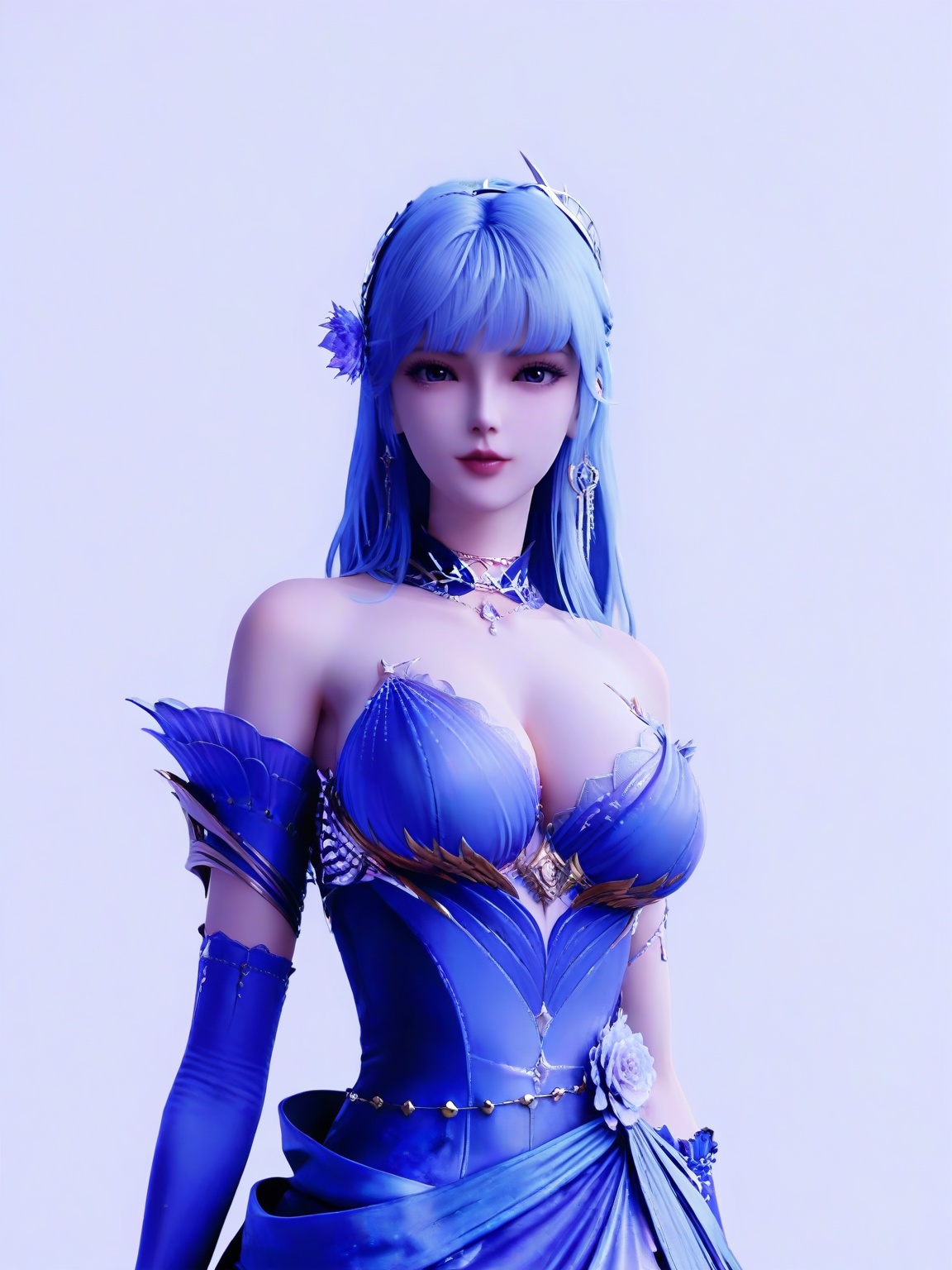 score_9,1girl,solo,bare shoulders,blue hair,breasts,detached sleeves,bangs,lipstick, eyelashes, large breasts,blue dress,standing,long hair,looking at viewer,white background,simple background,cowboy_shot,<lora:SF_ShengCaiErThirdClothesPony_Realism2.3-000004:0.7>,