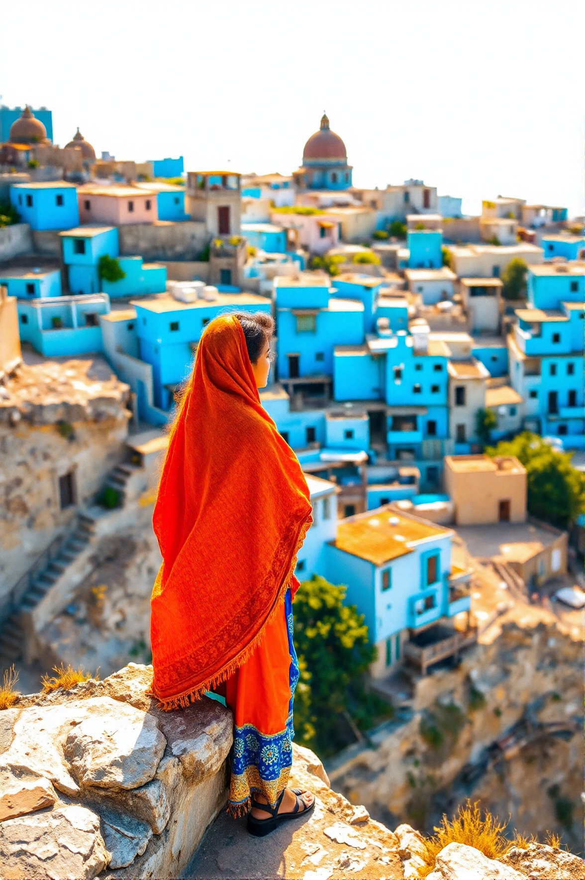 A high-angle view showcasing a scenic landscape with a woman with long hair in a colorful orange and blue outfit,  draped...