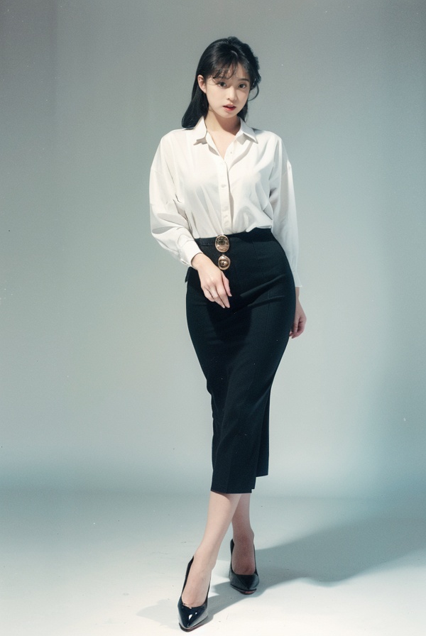 best quality,masterpiece,ultra high res,looking at viewer,simple background,huge breasts,pencil skirt,button-up shirt,classic pumps,<lora:epiczhong_lora:1>,