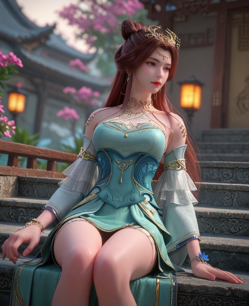 (oriental architecture, elegant decor, sophisticated style:1.1),(Sitting on a staircase with legs bent, looking away,:1.1),(breasts:1.2),<lora:XL百炼成神苏灵韵:0.95>,miss sulingyun,brown hair,long hair,green dress,hair ornament,jewelry,detached sleeves,brown eyes,hair bun,bare shoulders,earrings,flower bracelet,breasts,, zPDXL2, score_9, score_8_up, score_7_up BREAK realistic, masterpiece,best quality, highly detailed,, zPDXL3, zPDXL2,zPDXL, zPDXLxxx, zPDXLrl,
