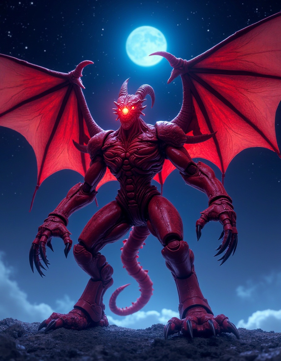 robot,robot,a vibrant vibrant red demon creature,adorned with sharp claws,stands out against a backdrop of a dark blue sky. The creature's head is adorned with a glowing red eye,adding a touch of energy to the scene. Its wings are spread out,adding depth to the composition. The scene is set in a star-filled sky,with a blue moon in the background,creating a stark contrast to the creature's wings,