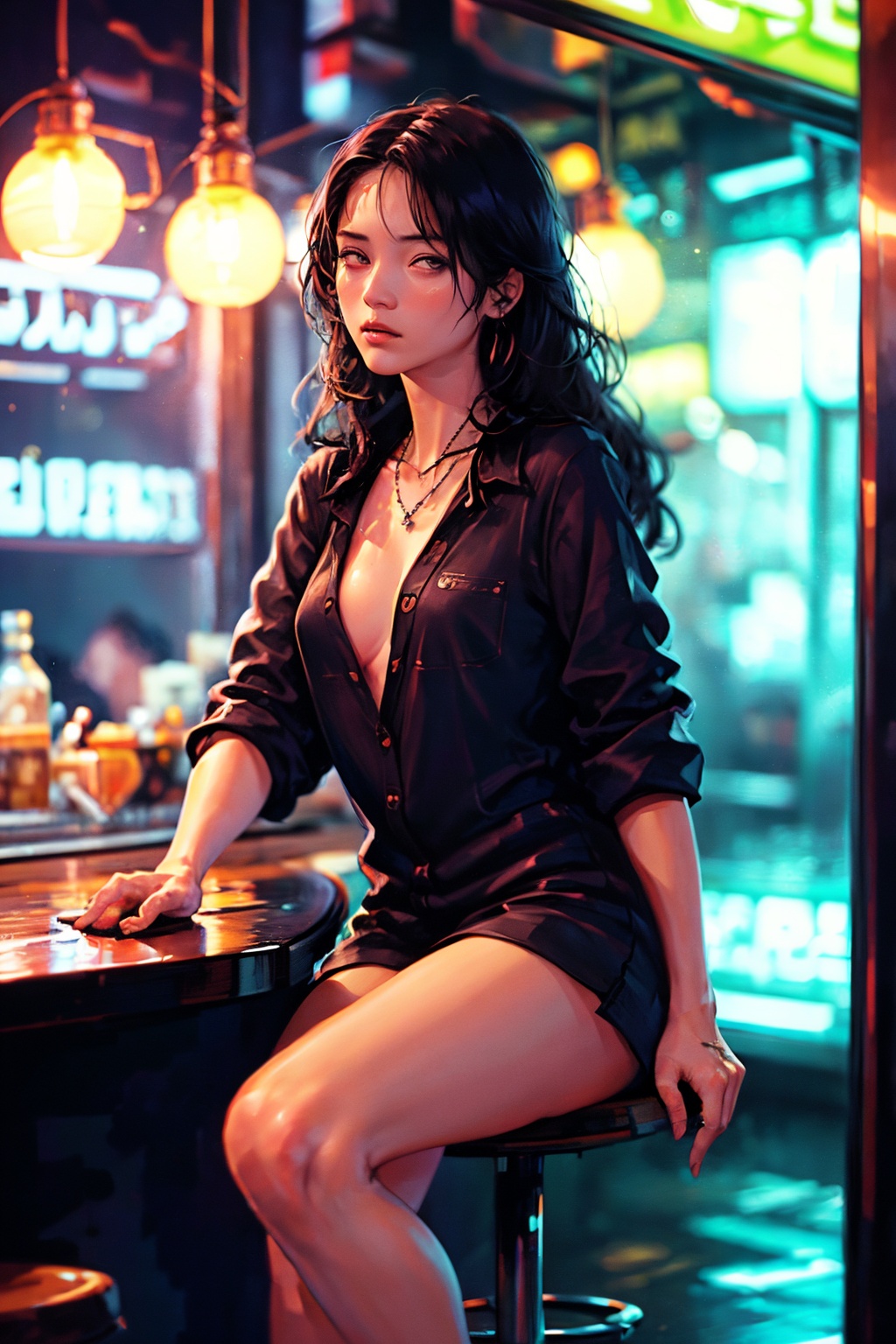 1girl,solo,long hair,looking at viewer,black hair,sitting,black shirt,depth of field,blurry background,chair,bottle,sign,realistic,bar (place),neon lights,fanhuaZ,<lora:fanhuaZ_20240115183629-000008:0.8>,, (high quality), best quality, (4k), 8k, super detailed, (full detail), (masterpiece), (realistic), super detailed,(Exquisite details) ,intricate,