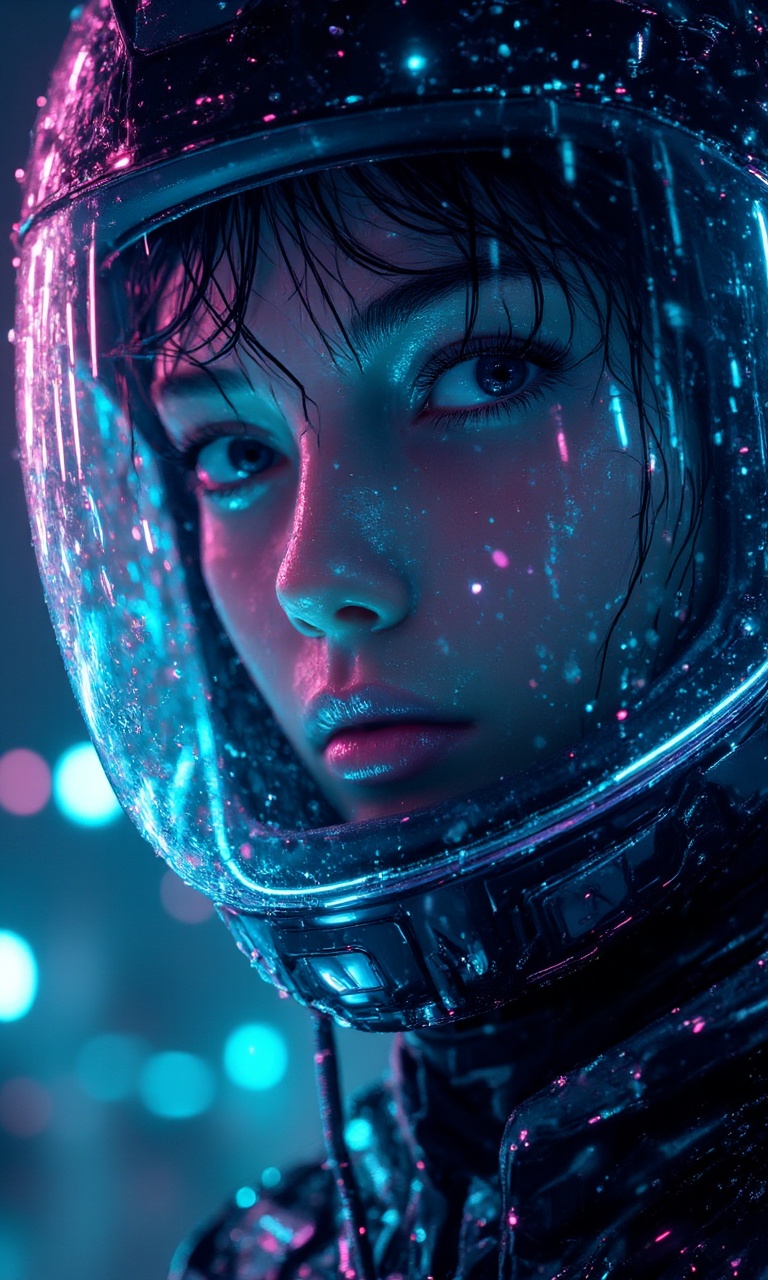 JMstyle-CGI,A close-up photograph of a woman's face with wet hair,wearing a shiny,reflective helmet with a clear visor,which is covered in water droplets. The woman has fair skin and blue eyes,with a neutral expression on her face. The background is blurred and filled with neon blue and pink lights,giving the scene a futuristic and cyberpunk aesthetic. The lighting is dramatic,with the lights creating a cool,almost icy glow on her skin. The woman's eyes are the focal point of the image,with the lights reflecting off them,adding to the otherworldly feel. The helmet is detailed with a metallic texture and the visor is slightly fogged,adding to the realism. The overall mood is mysterious and enigmatic,with a sense of depth and intrigue. The image is high quality with a wide depth of field,and the colors are vibrant and saturated. The woman's face is the central subject,with the helmet and lights framing her in a way that emphasizes her features. The photograph is taken from a low angle,looking up at the woman,which adds to the dramatic effect. The lighting is soft but intense,with the lights creating a halo effect around her face. The woman's hair is wet and clings to her face,adding to the overall wet and futuristic theme.,