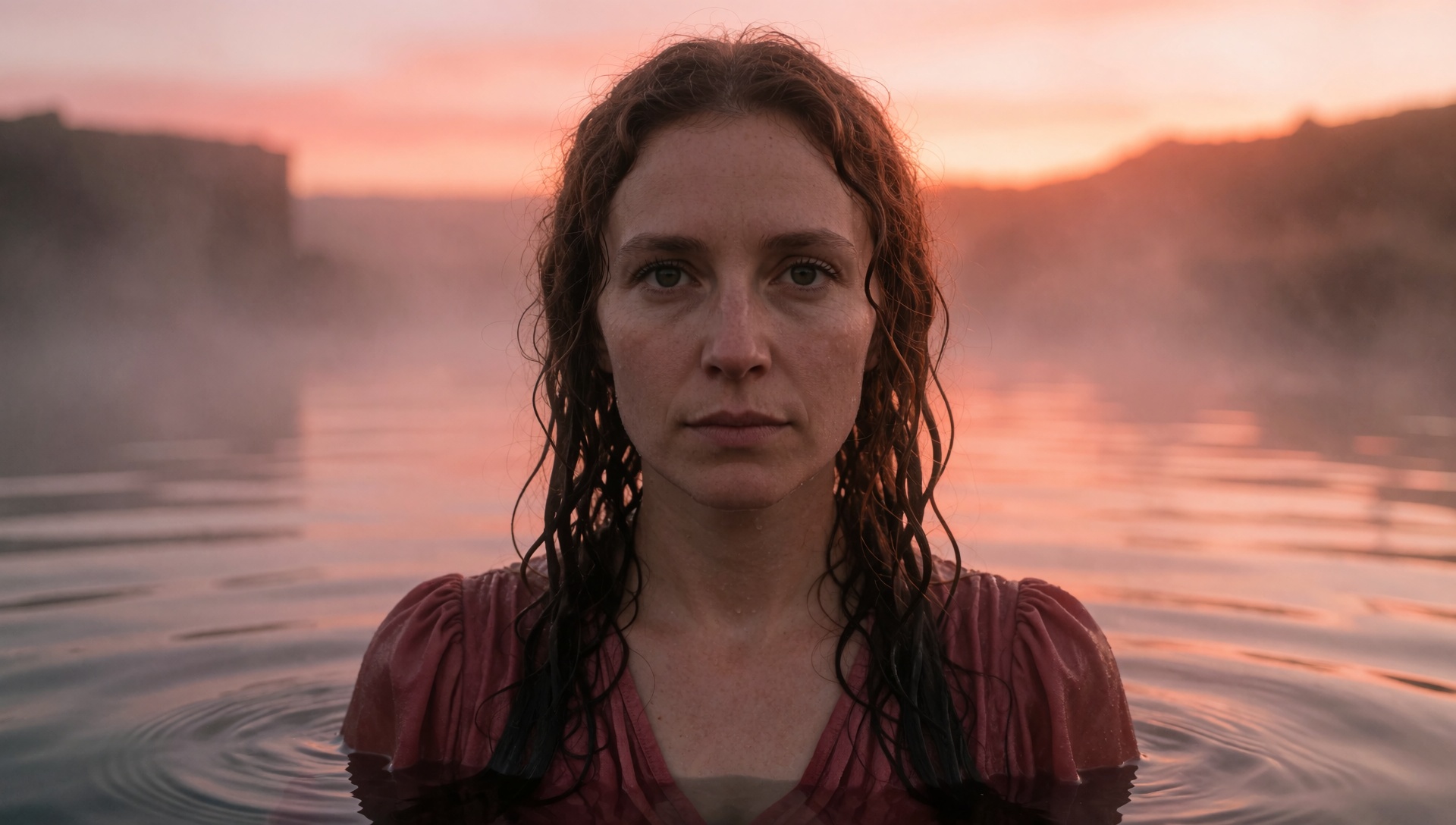 closeup of 20 year old scientist woman's face,  rose dress,  wide hips emerging from a still water in the pieceful iceland...