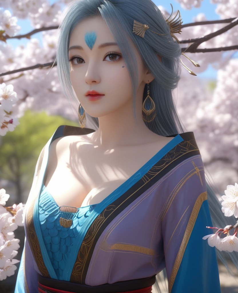 <lora:571-DA-XL-眷思量-奉眠:0.8>(,1girl, ,best quality, ),looking at viewer,  ultra detailed background,ultra realistic 8k cg,ultra detailed 8k cg,masterpiece,upper body,  (( , )),, ,science fiction,mole, ultra realistic 8k cg, ,    ,outdoors, sun,sunlight, cherry blossoms,      (cleavage), (),