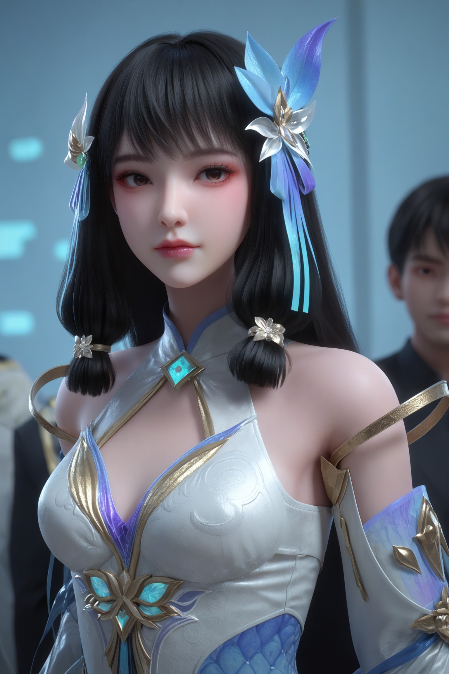 Close-up details,realistic style photo outstanding style,tall,cute,in her teens. Use soft lighting to cast gentle shadows on the subject,adding a touch of dimension to your images without compromising details,score_9,score_8_up,score_7_up,looking at viewer,<lora:定制-云落-海神装Pony:0.7>,straight black hair adorned with intricate blue and white ribbons,white,form-fitting gown,dress,