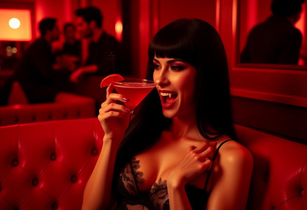 Vampyfangs1. A black haired vampire woman with fangs sits on a red couch drinking a red cocktail. She's at a red themed ba...