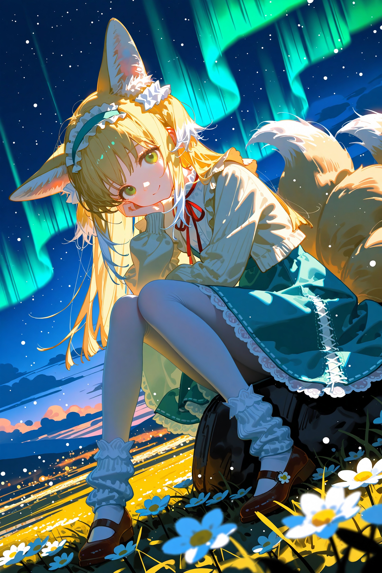 1girl,suzuran \(spring praise\) \(arknights\),(ningen mame:1.1),ciloranko,[sho \(sho lwlw\)],ask \(askzy\),tianliang duohe fangdongye,rhasta,wlop,dynamic angle,dutch angle,head tilt,head rest,animal ears,blonde hair,eyes visible through hair,frilled hairband,frilled skirt,dark,aurora,cloud,green eyes,green hairband,legs up,long hair,long sleeves,looking at viewer,standing,multicolored hair,multiple tails,neck ribbon,official alternate costume,outdoors,plant,red ribbon,ribbon-trimmed skirt,smile,solo,streaked hair,white flower,white pantyhose,white tail,yellow tail,light particles,bloom,depth of field,masterpiece,best quality,good quality,newest,highres,absurdres,(loose socks),night,