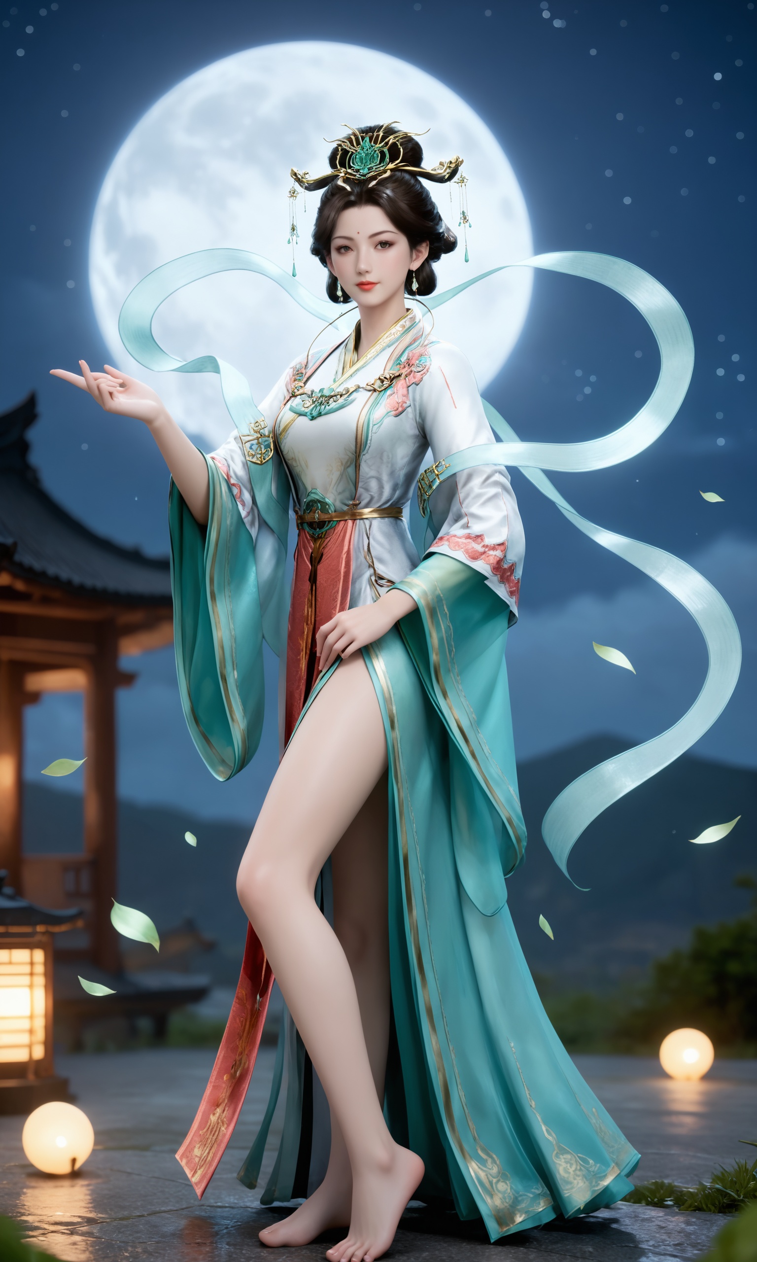 <lora:遮天-西王母Pony:0.7>,1girl,dark brown hair,updo,gold and green ornaments,long,flowing traditional Chinese dress with  green and white,accented with gold and red embroidery,wide sleeves,high collar,barefoot, 1girl,solo,shiny,shiny_hair,upper_body,fair_skin,white_skin,shiny_skin,shiny,Ivory_skin,looking at viewer,cinematic lighting,volumetric lighting,solo focus,blurry background,depth of field,night,sky,night sky,full moon,moonlight,