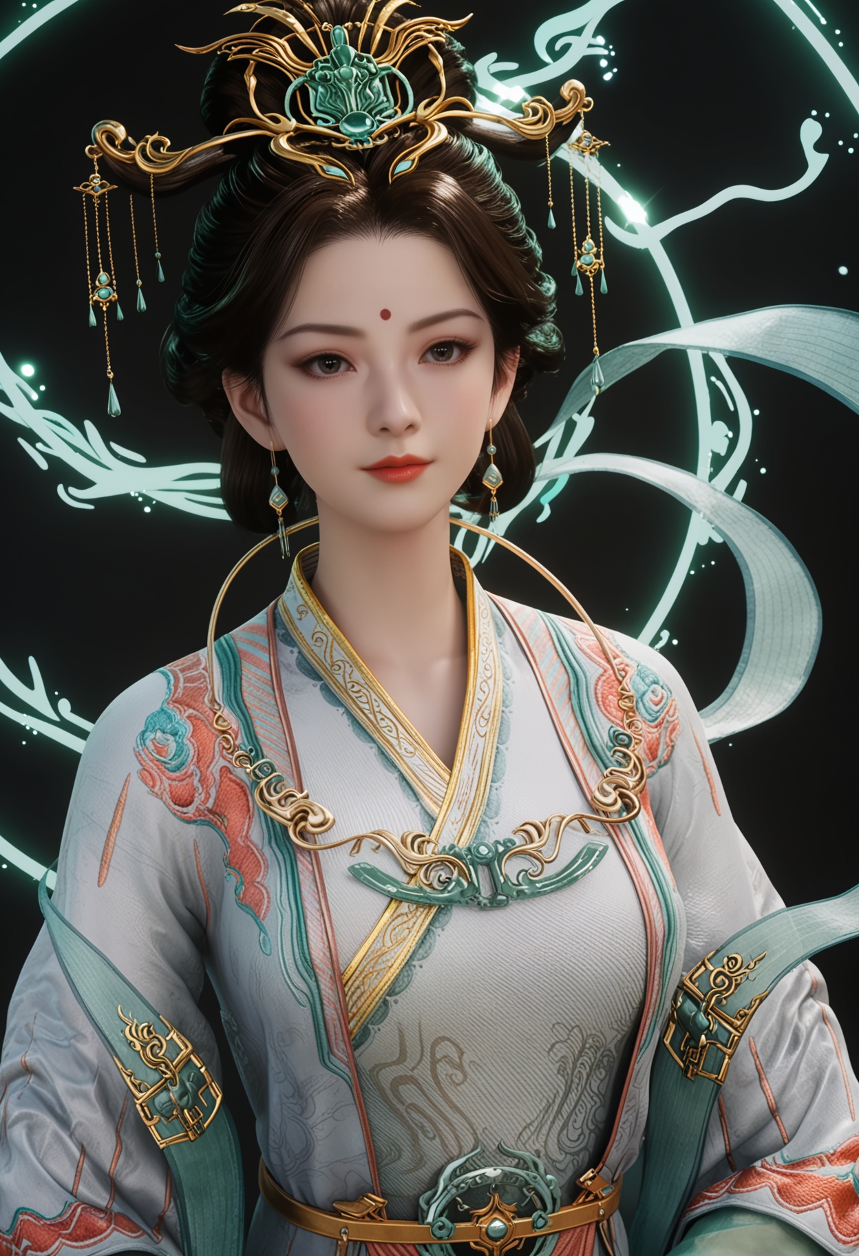 (upper_body:1.2),score_9,score_8_up,masterpiece,(best quality),intricate details,facing viewer,(looking at viewer:1.1),<lora:YQ_pony_xiwangmu_V4:0.8>,q1528437228,1girl,solo,jewelry,earrings,hair ornament,black hair,chinese clothes,forehead mark,red lips,long sleeves,makeup,dress,hanfu,hair bun,updo,brown hair,black eyes,wide sleeves,brown eyes,hair stick,shawl,necklace,hair rings,forehead jewel,single hair bun,hagoromo,BREAKscore_9,score_8_up,masterpiece,(best quality),perfect anatomy,(hourglass),perfect face,(simple background,pure black background,black background:1.1),fair_skin,shiny_skin,Ivory_skin,