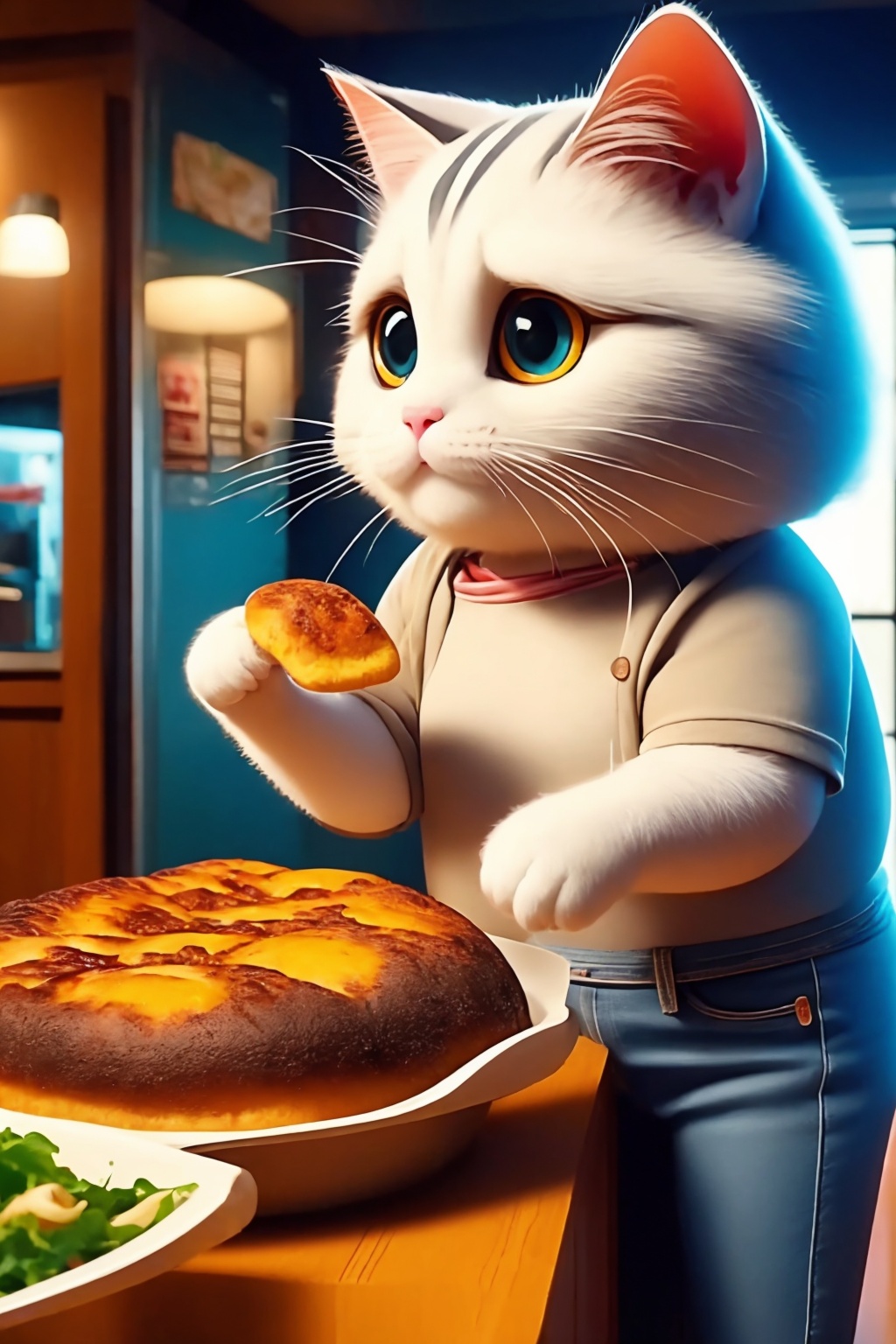 animal focus, food, no humans, eating, white cat, hood, big eyes, animal, holding, solo, indoors, t-shirt,jeans,<lora:Again_Cat_Lora:1>