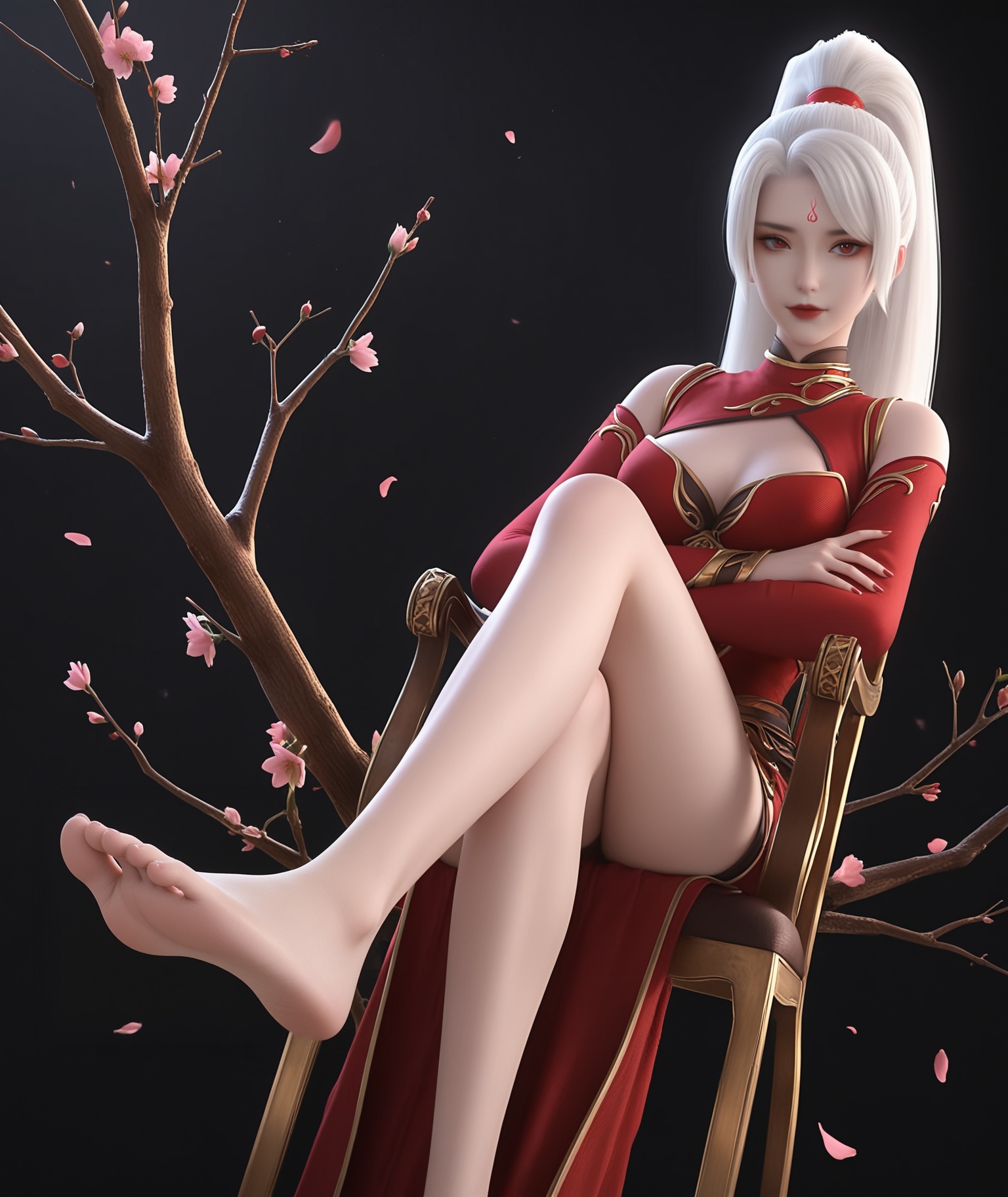 (score_9),masterpiece,best quality,absurdres,highres,BREAK(glamor:1.1),slender,white_skin,(fair_skin:1.1),collarbone,puffy chest,<lora:焰羽-ill-000009:0.83>,yanyu,1girl,solo,long hair,white hair,ponytail,hair rings,red eyes,forehead mark,red dress,high collar,detached sleeves,long dress,bare legs,barefoot,shorts,looking at viewer,sitting,crossed legs,pov,from below,(crossed_arms),foot focus,chair,BREAKblack background,branch,twig,rim light,Cinematic Lighting,Volumetric Lighting,Tyndall effect,flower,falling petals,