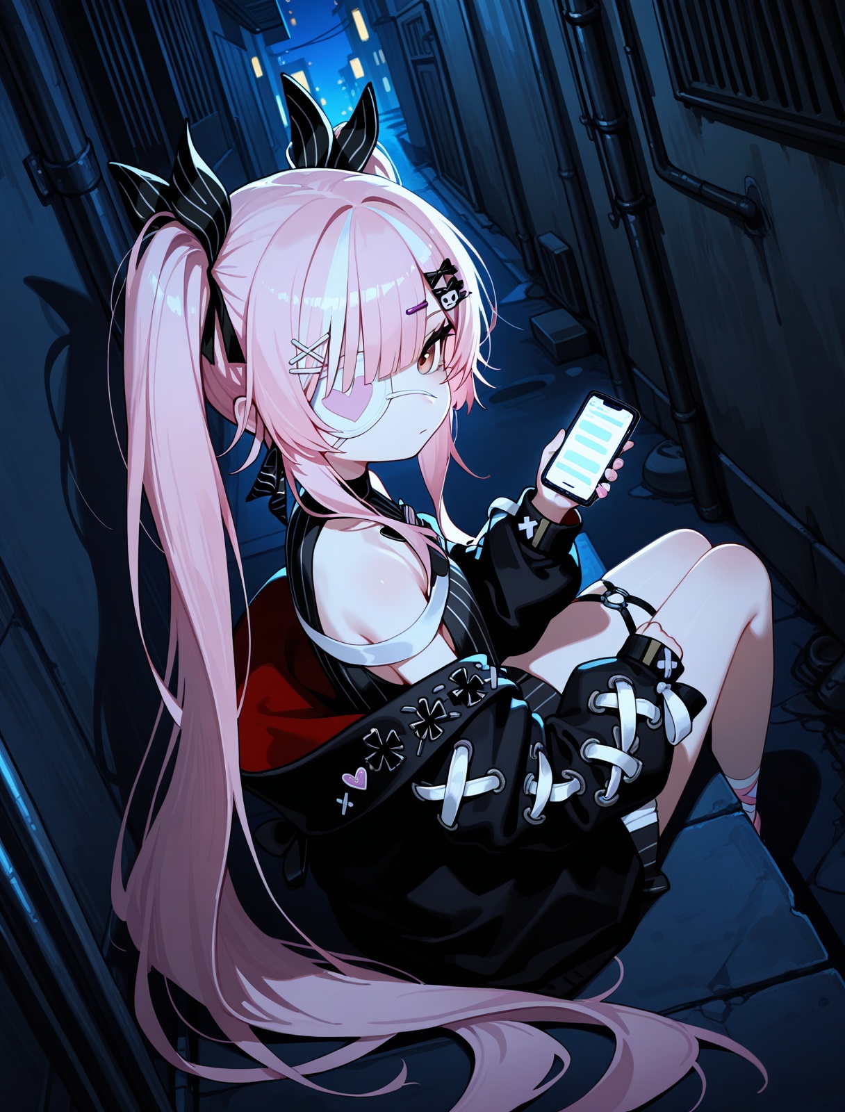 <lora:z47_IL_v1.0:1>,z47 \(azur lane\),eyepatch,solo,night,looking at viewer,alley,expressionless,from side,holding cellphone,from above,sitting,, masterpiece,best quality,